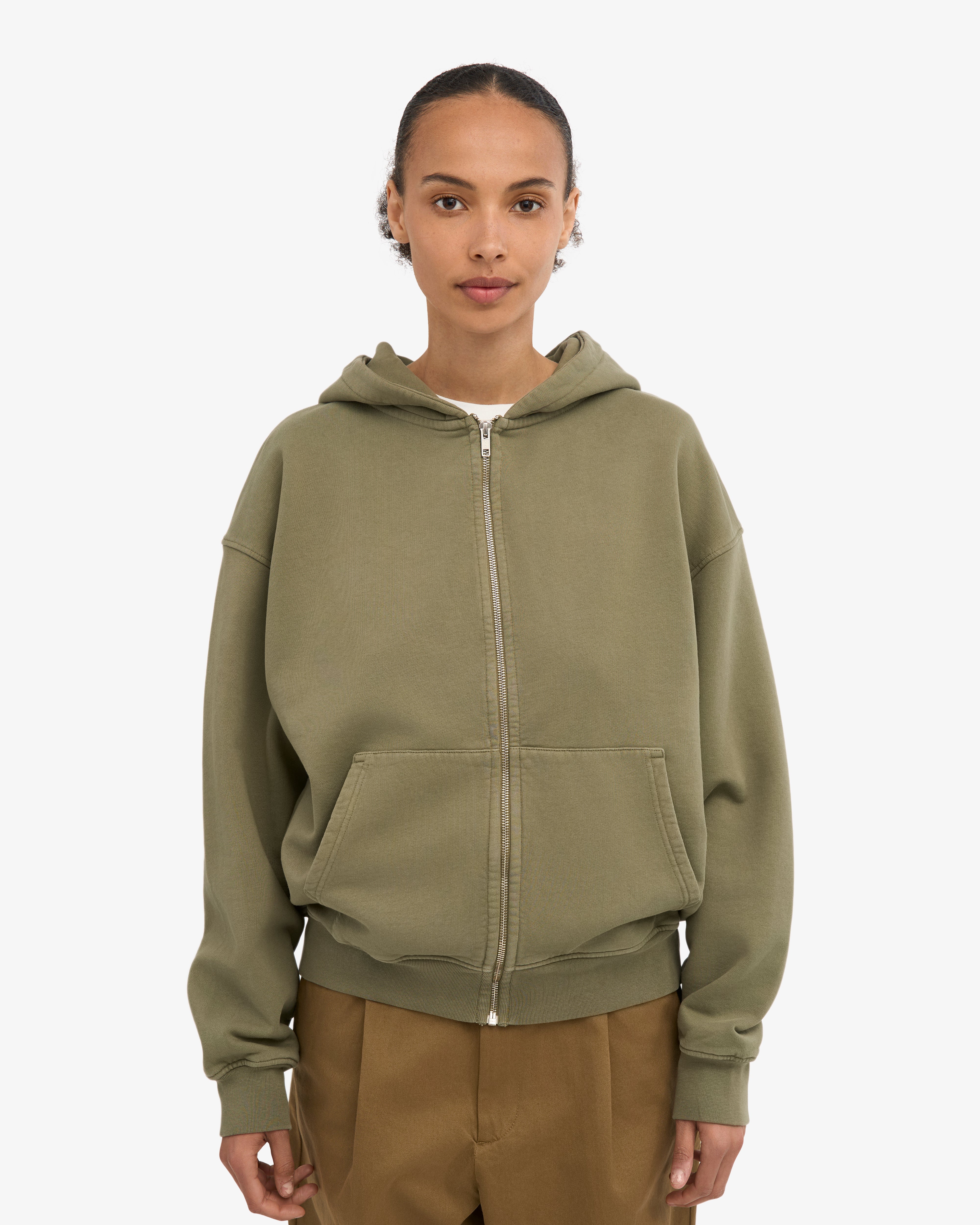 Organic Oversized Zip Hood - Dusty Olive