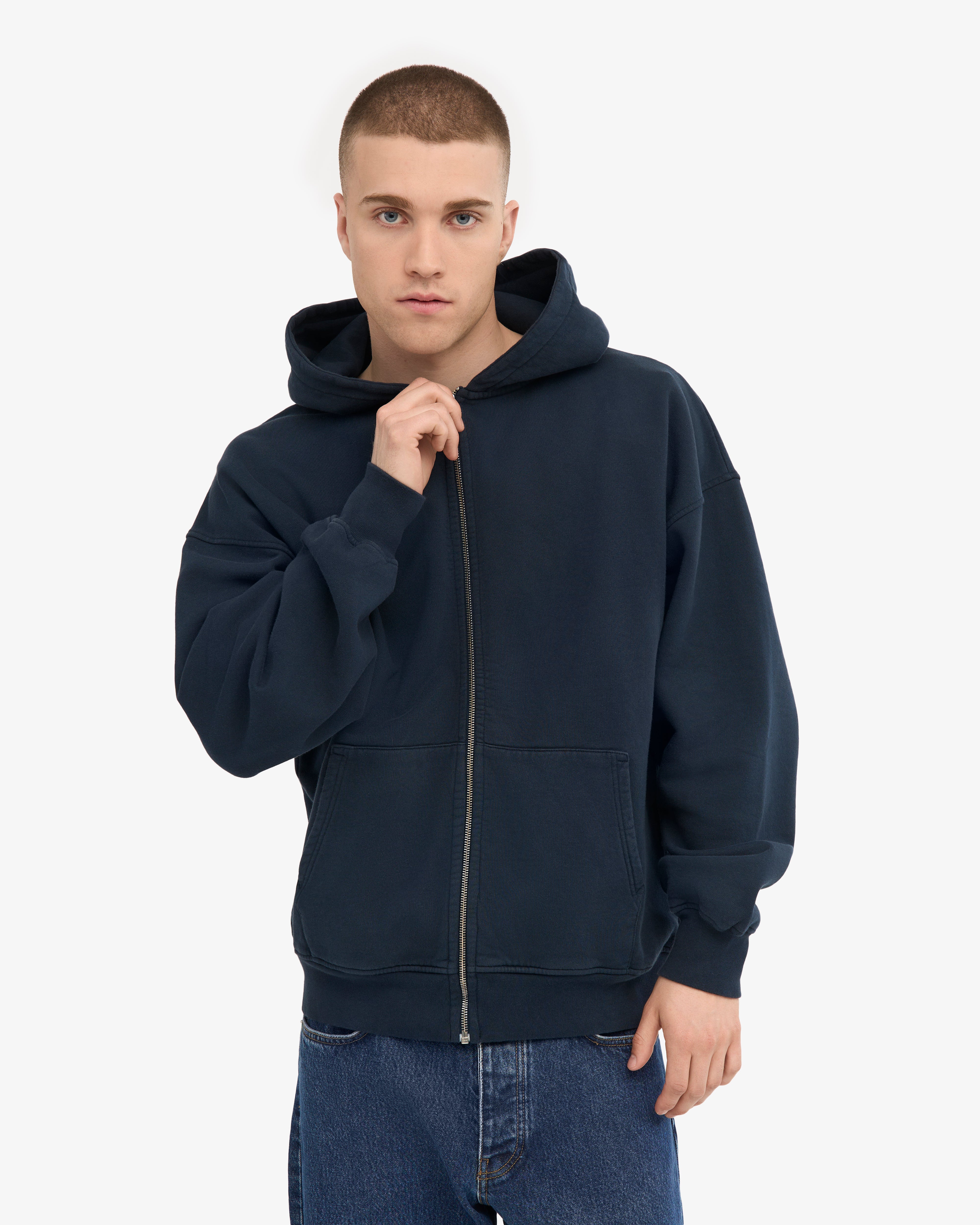 Organic Oversized Zip Hood - Navy Blue