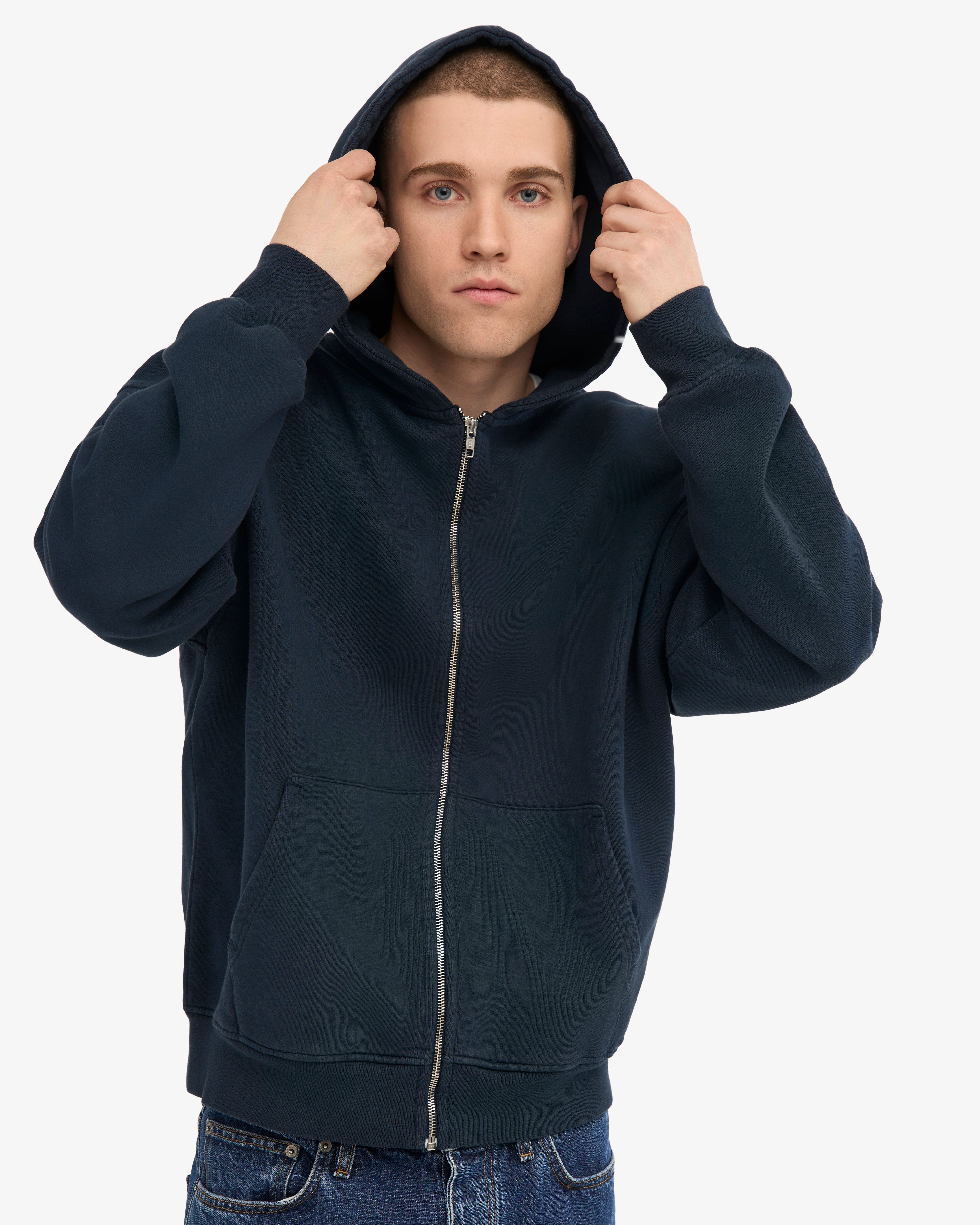 Organic Oversized Zip Hood - Navy Blue