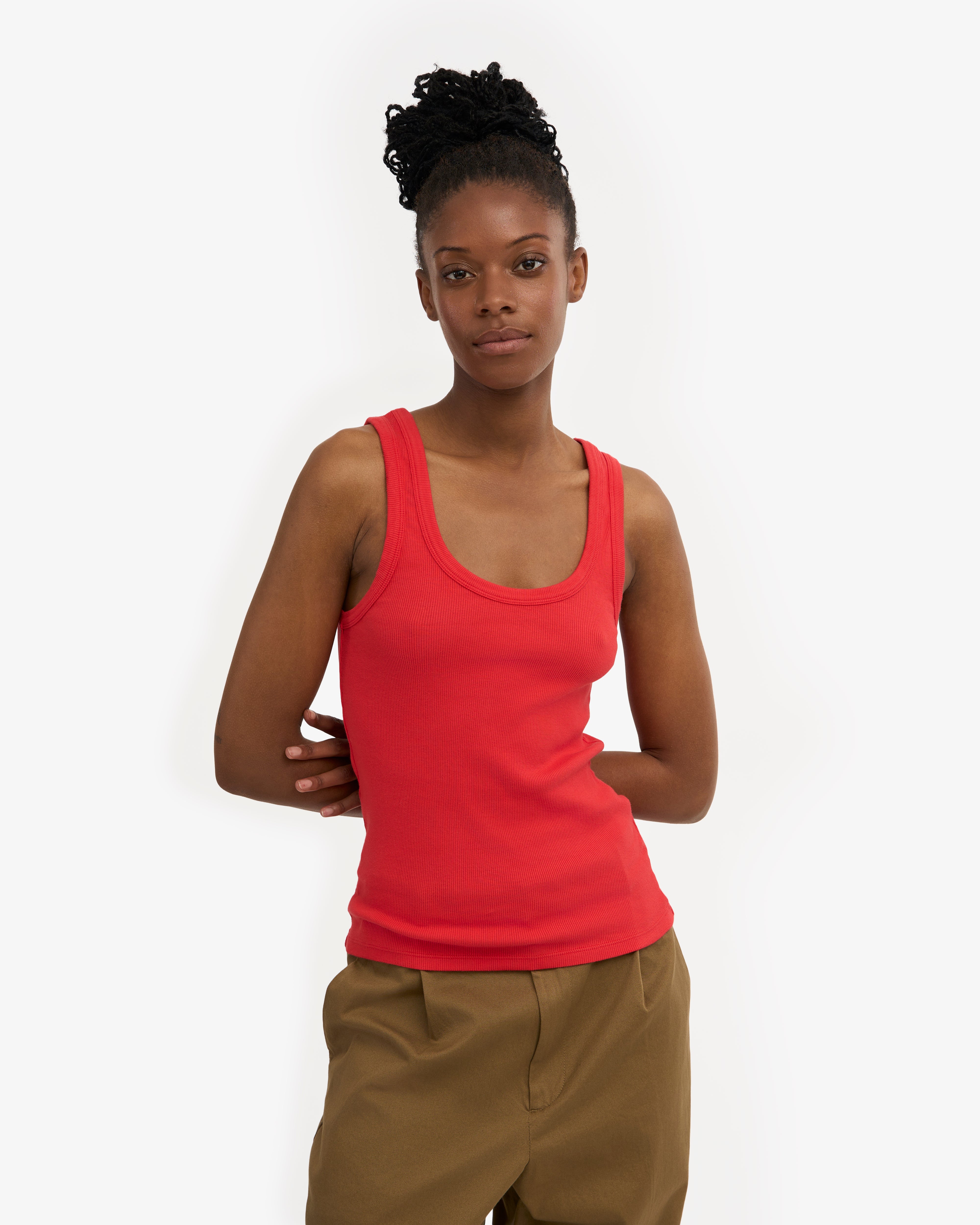 Women Organic Rib Tank Top - Red Tangerine