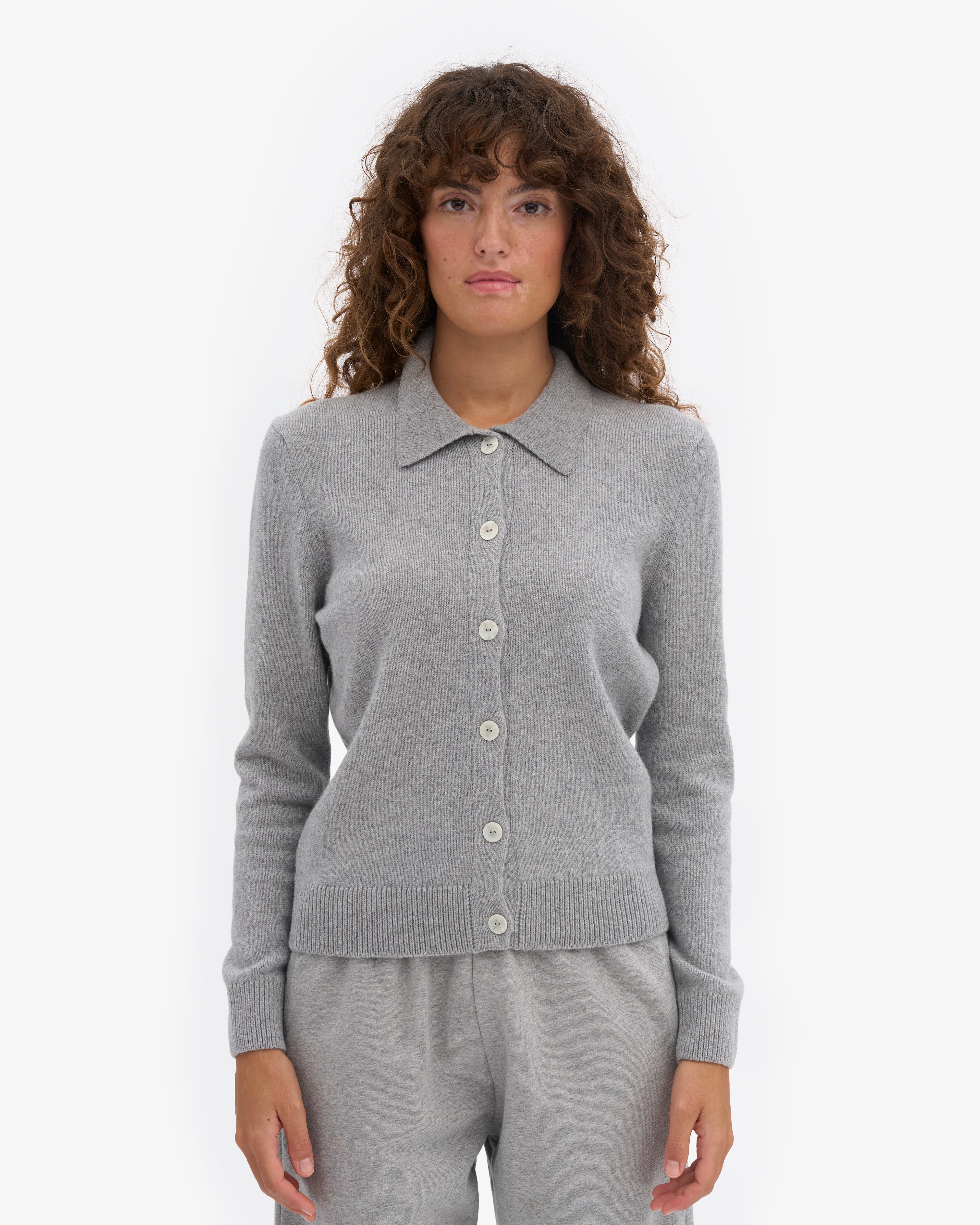 Women Merino Wool Collar Cardigan - Heather Grey
