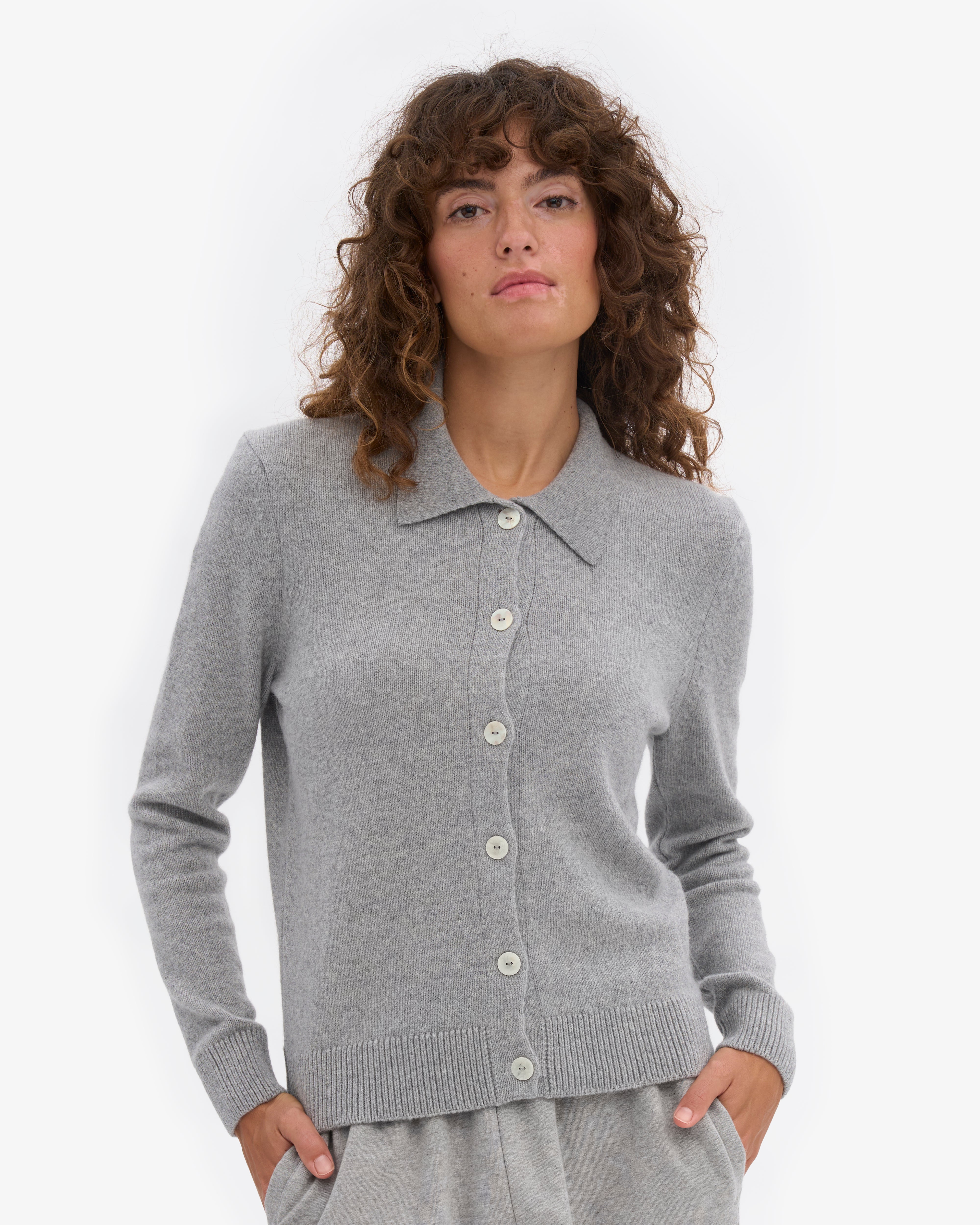 Women Merino Wool Collar Cardigan - Heather Grey