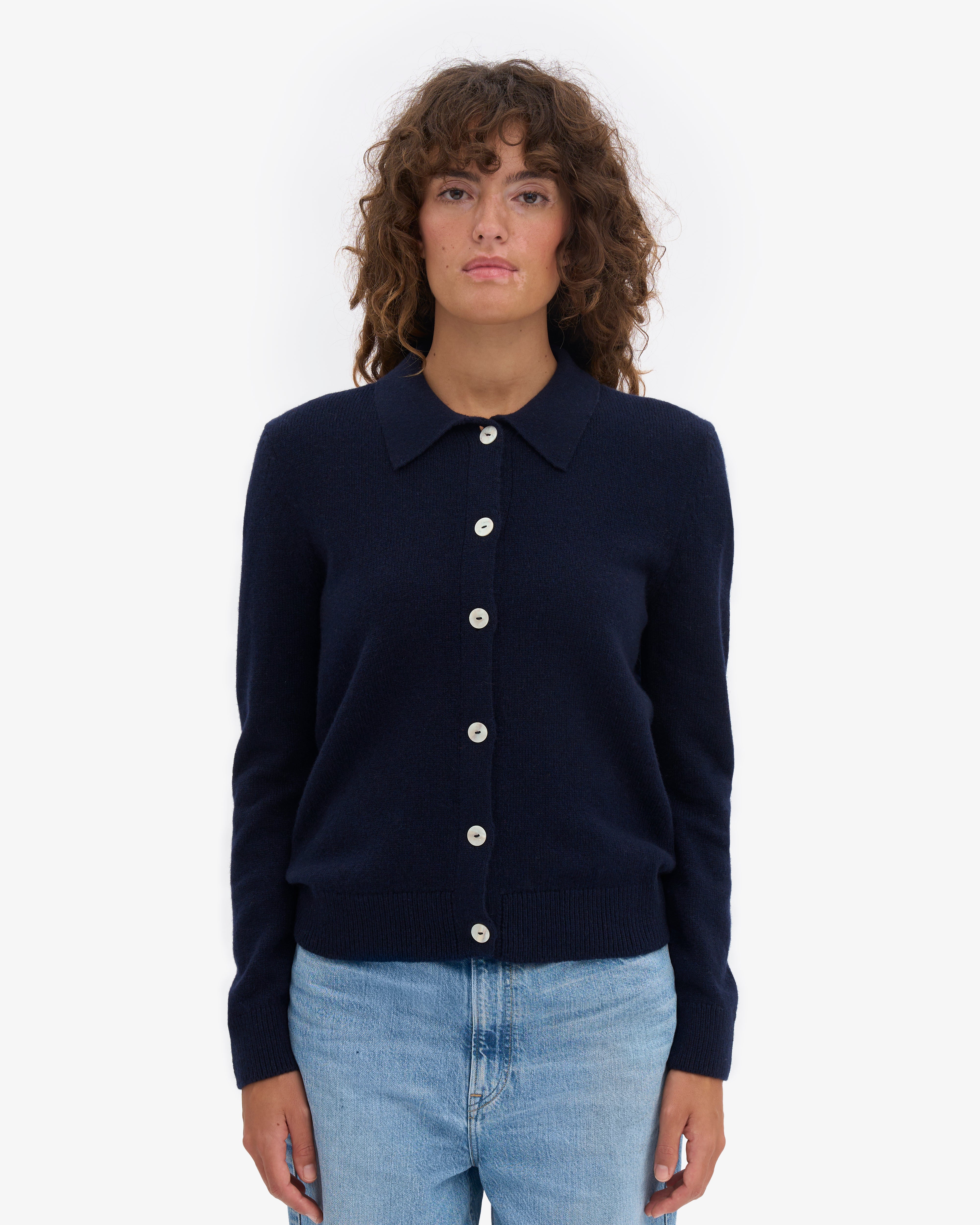 Women Merino Wool Collar Cardigan - Navy Blue