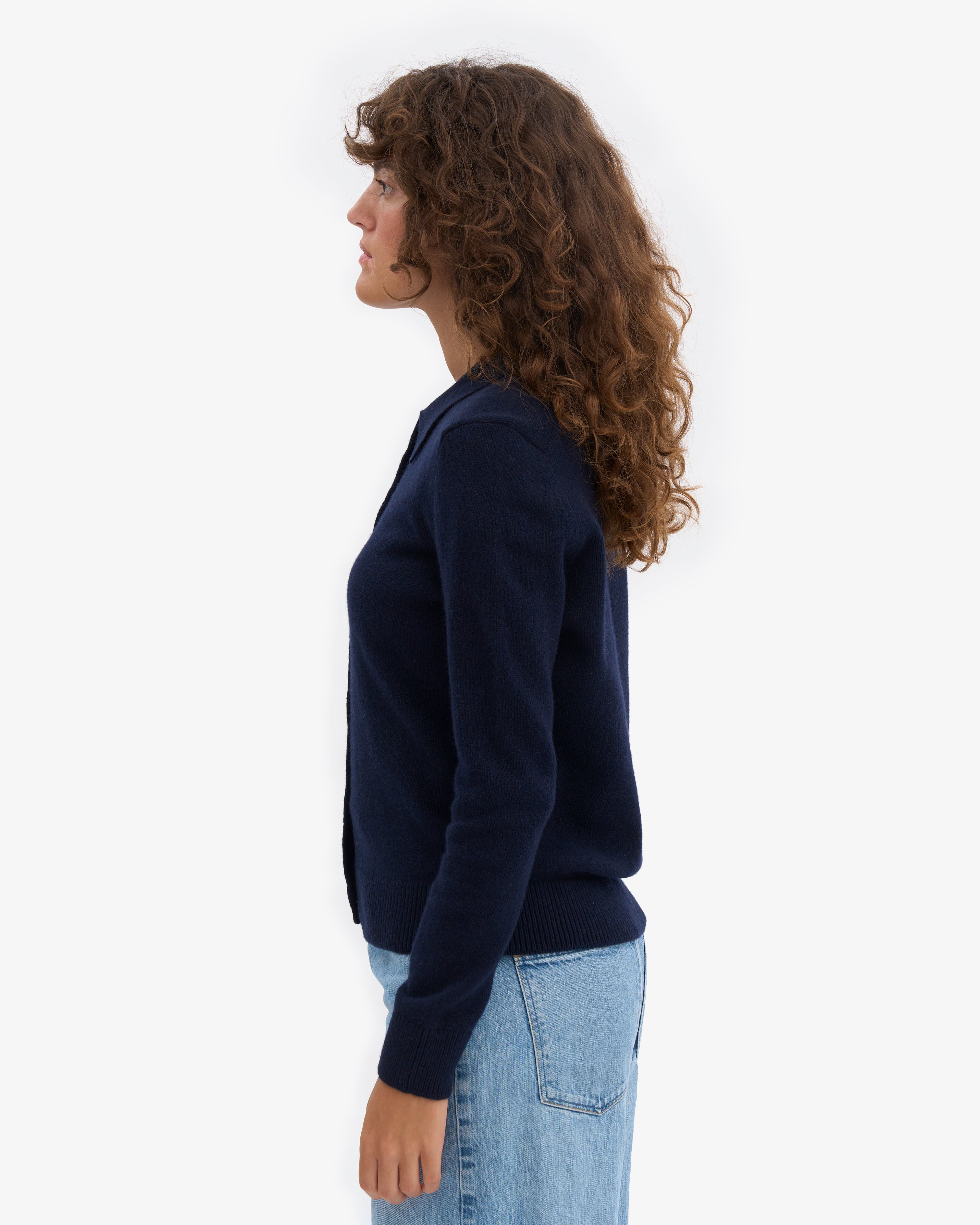 Women Merino Wool Collar Cardigan - Navy Blue