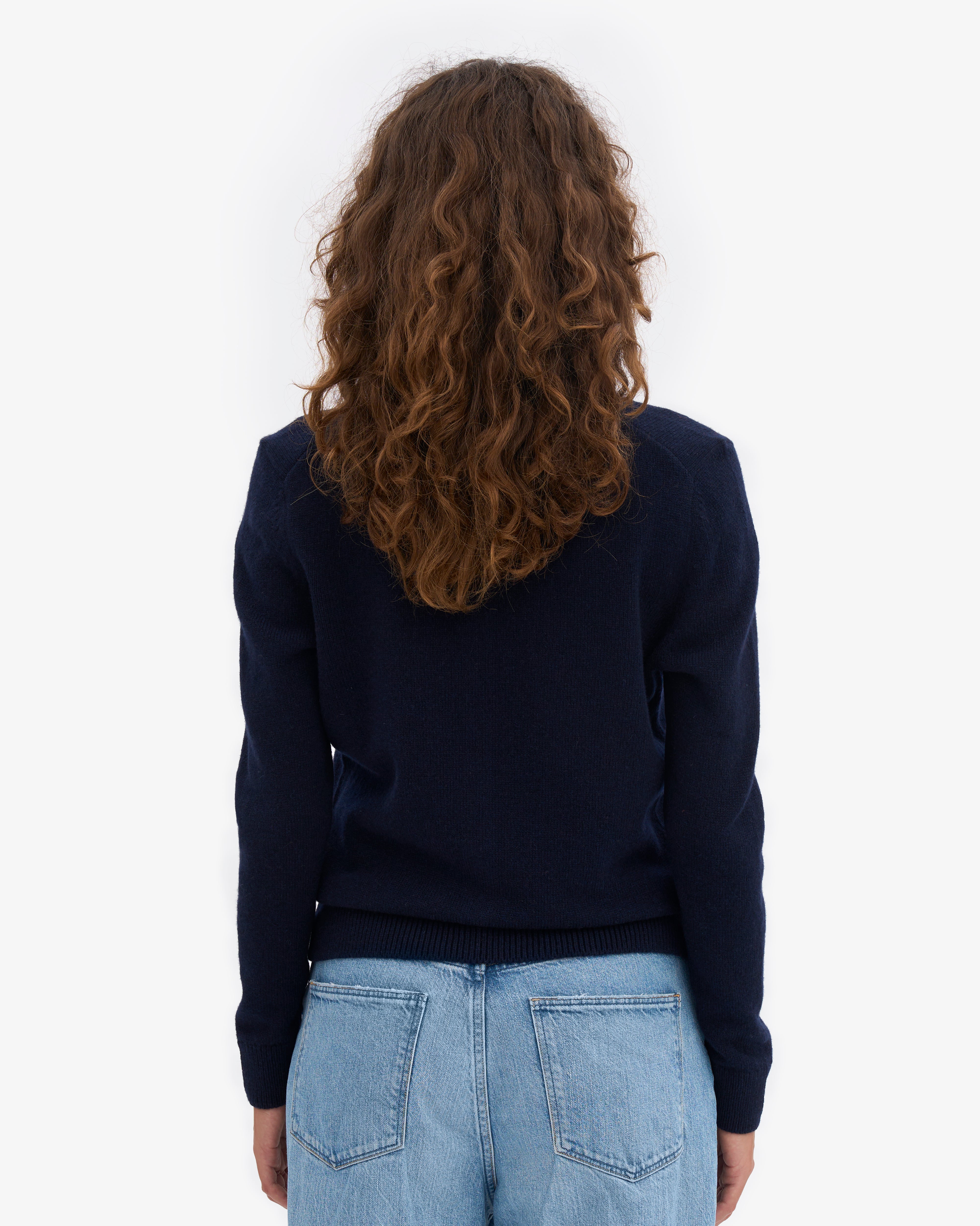 Women Merino Wool Collar Cardigan - Navy Blue
