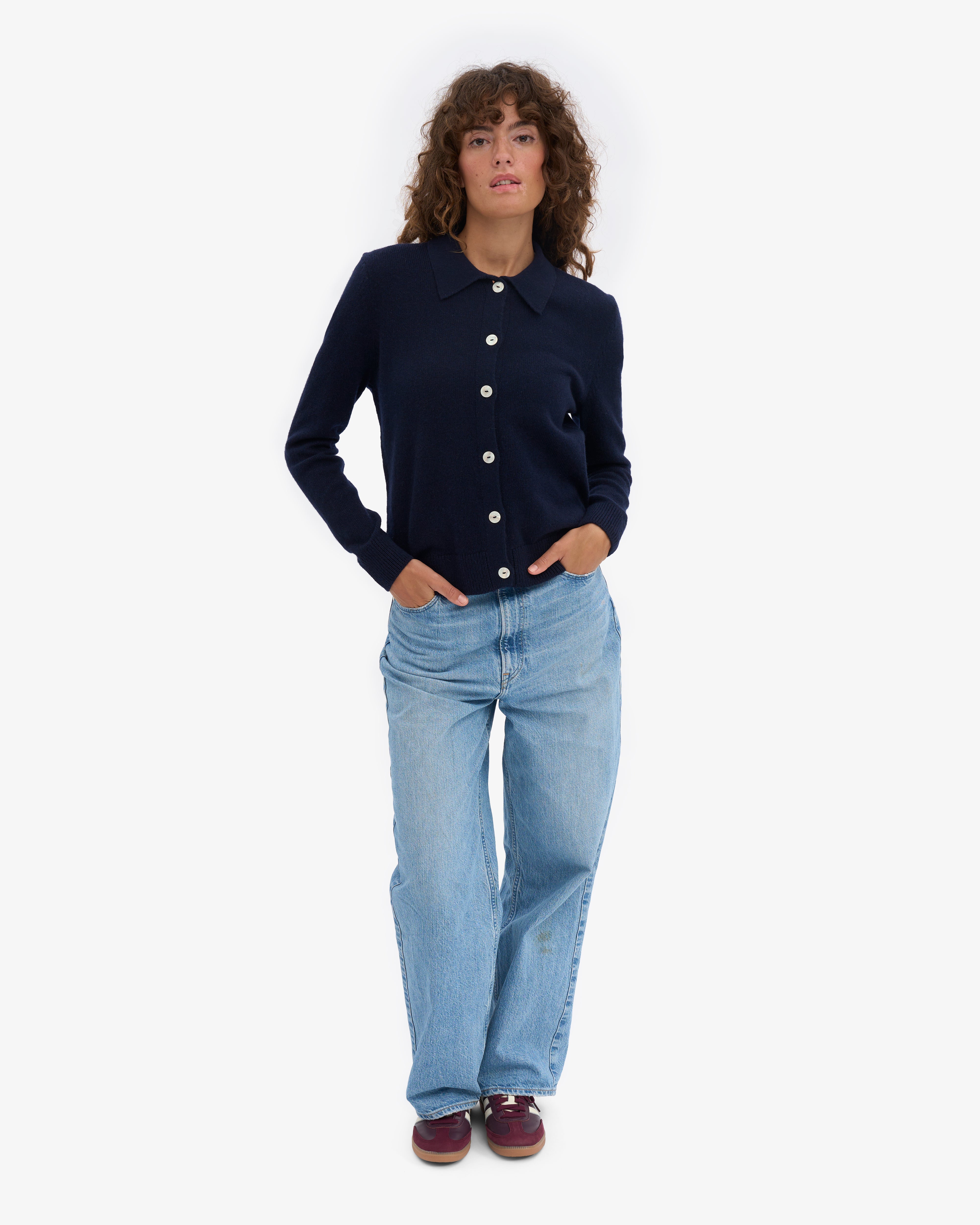 Women Merino Wool Collar Cardigan - Navy Blue