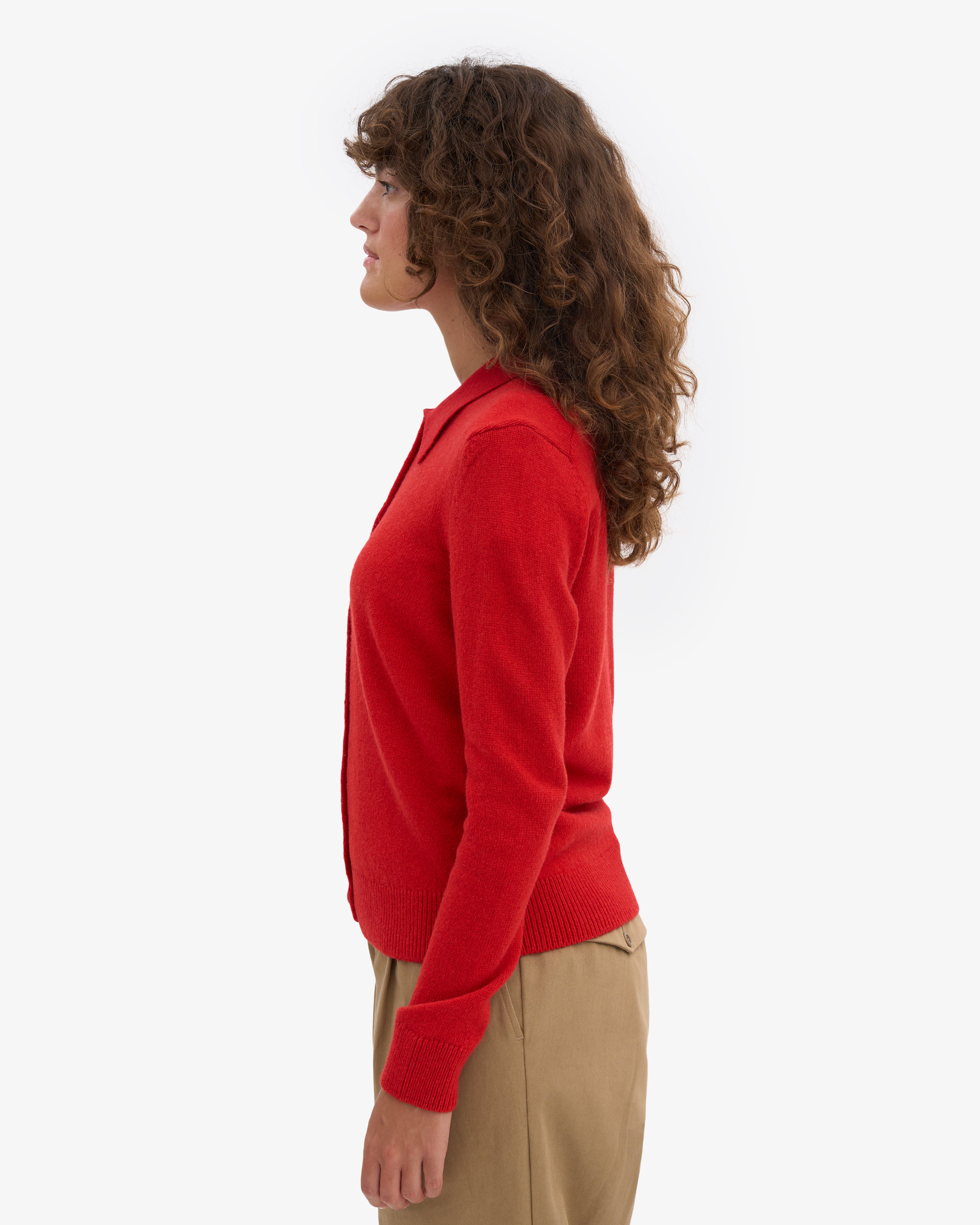 Women Merino Wool Collar Cardigan - Red Tangerine