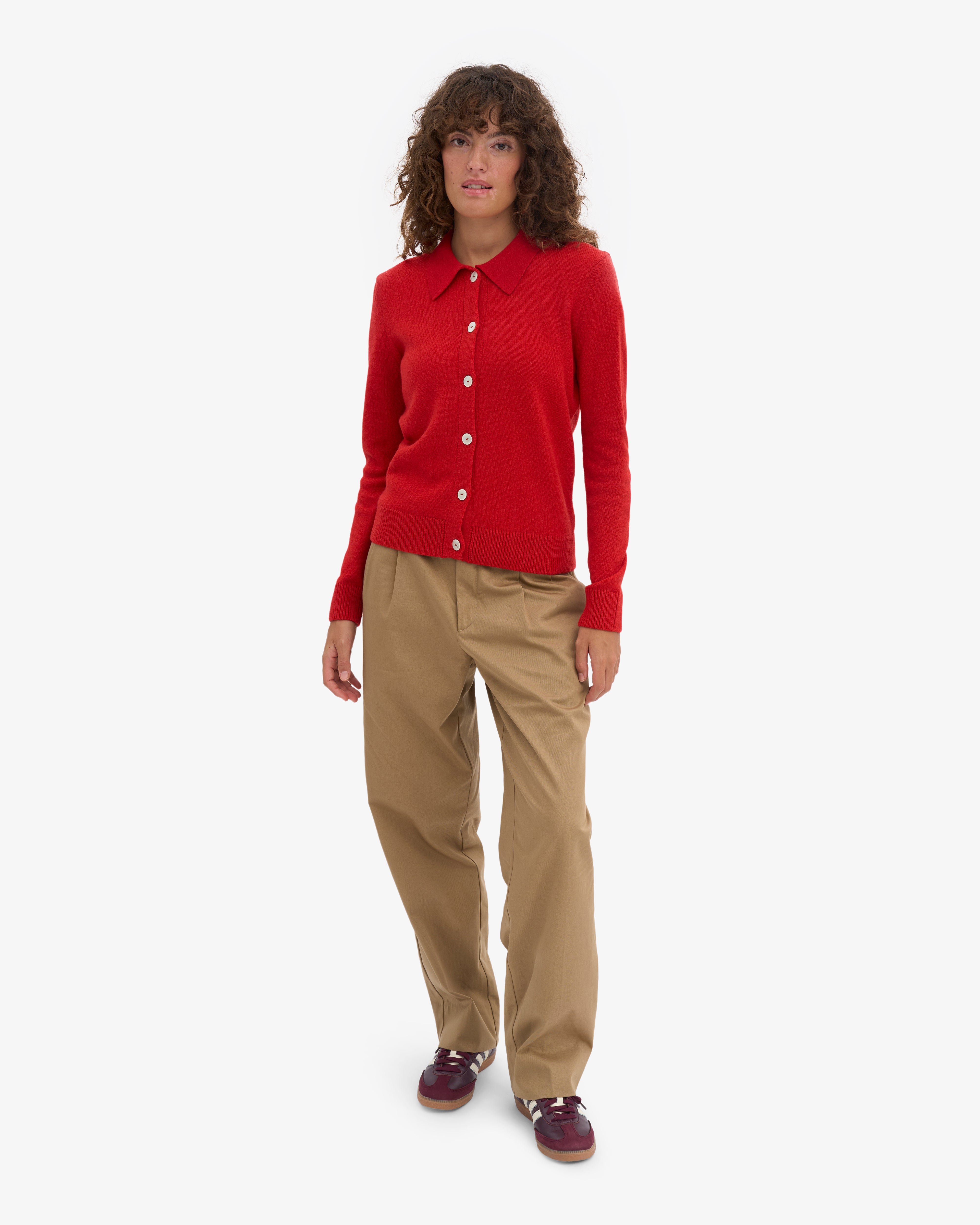 Women Merino Wool Collar Cardigan - Red Tangerine