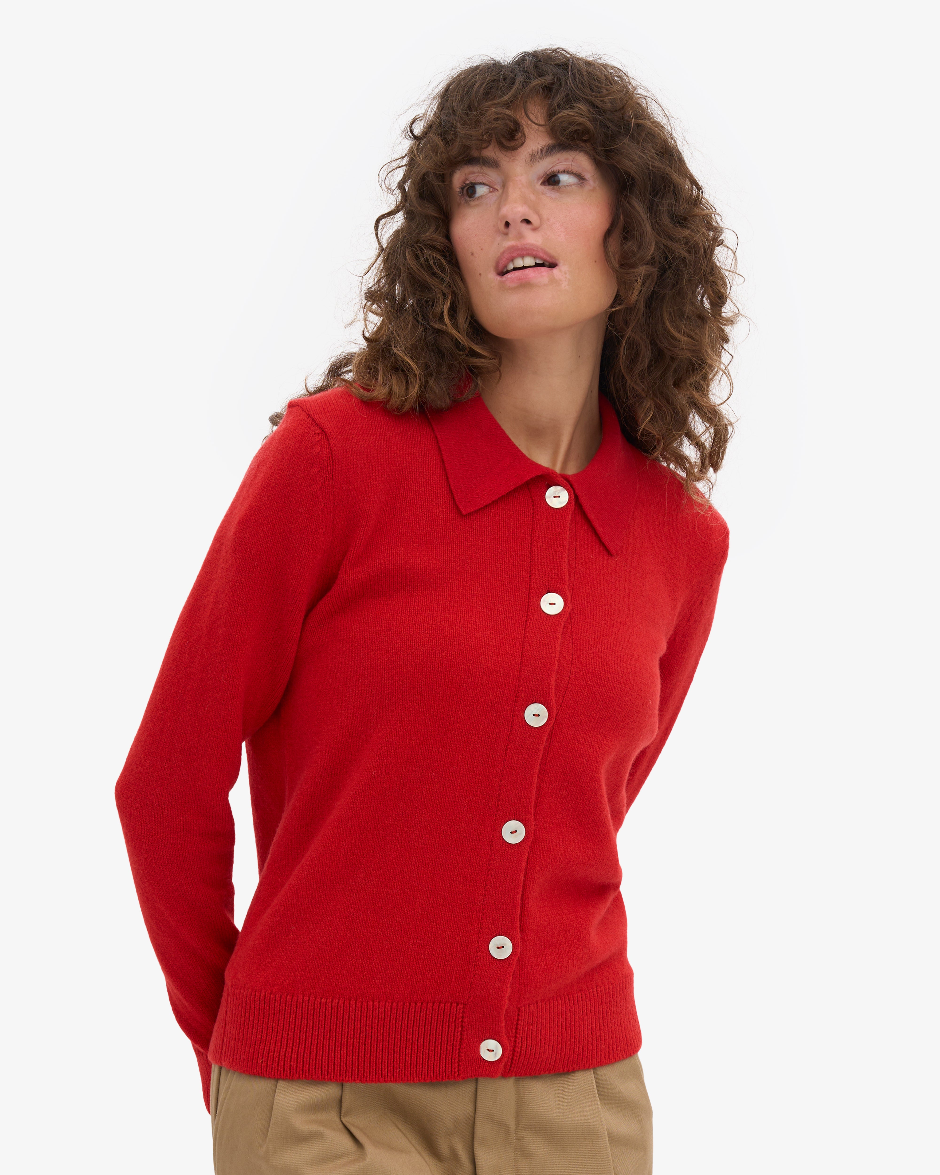 Women Merino Wool Collar Cardigan - Red Tangerine