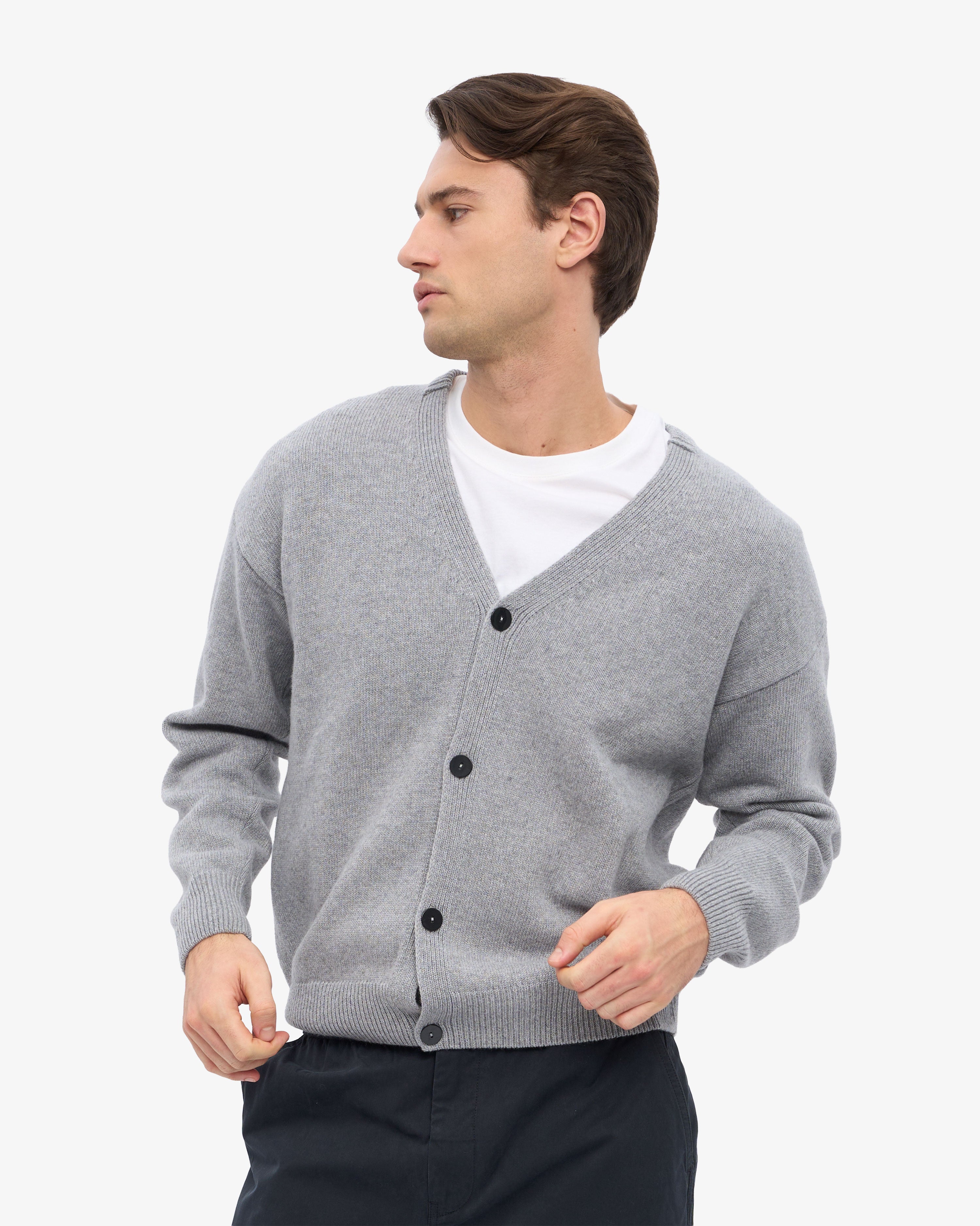 Merino Wool V-Neck Cardigan - Heather Grey