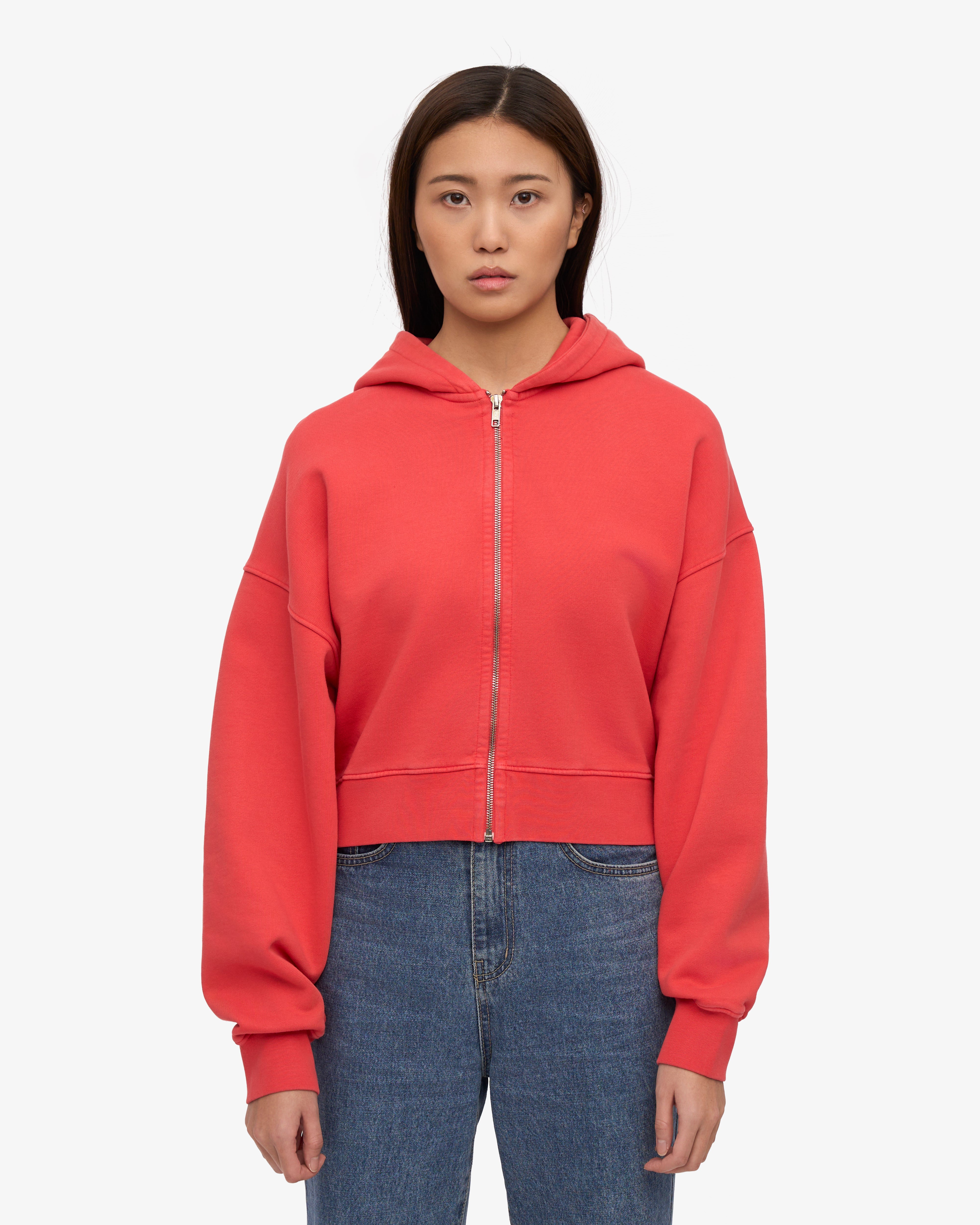 Organic Crop Zip Hood - Red Tangerine
