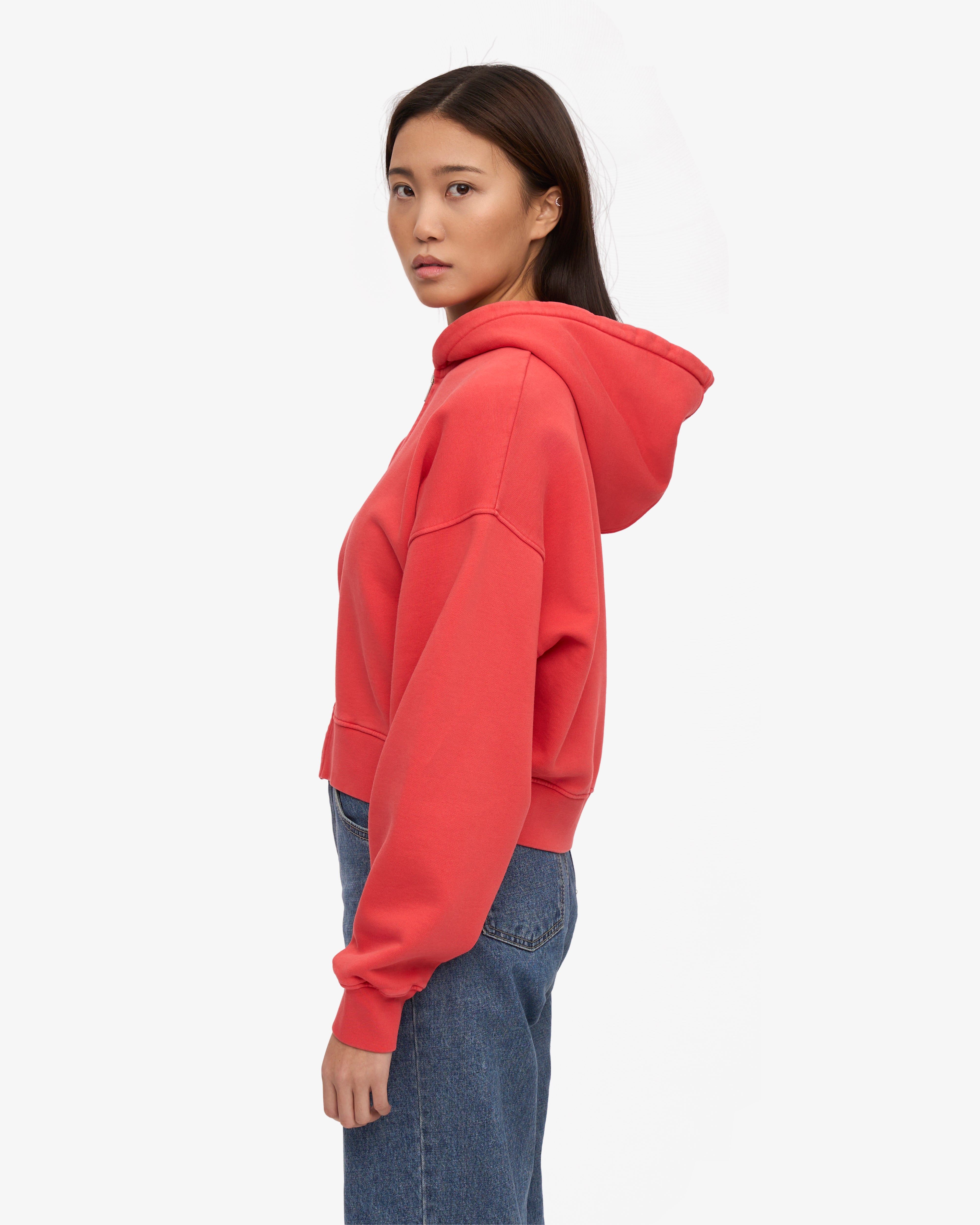 Organic Crop Zip Hood - Red Tangerine