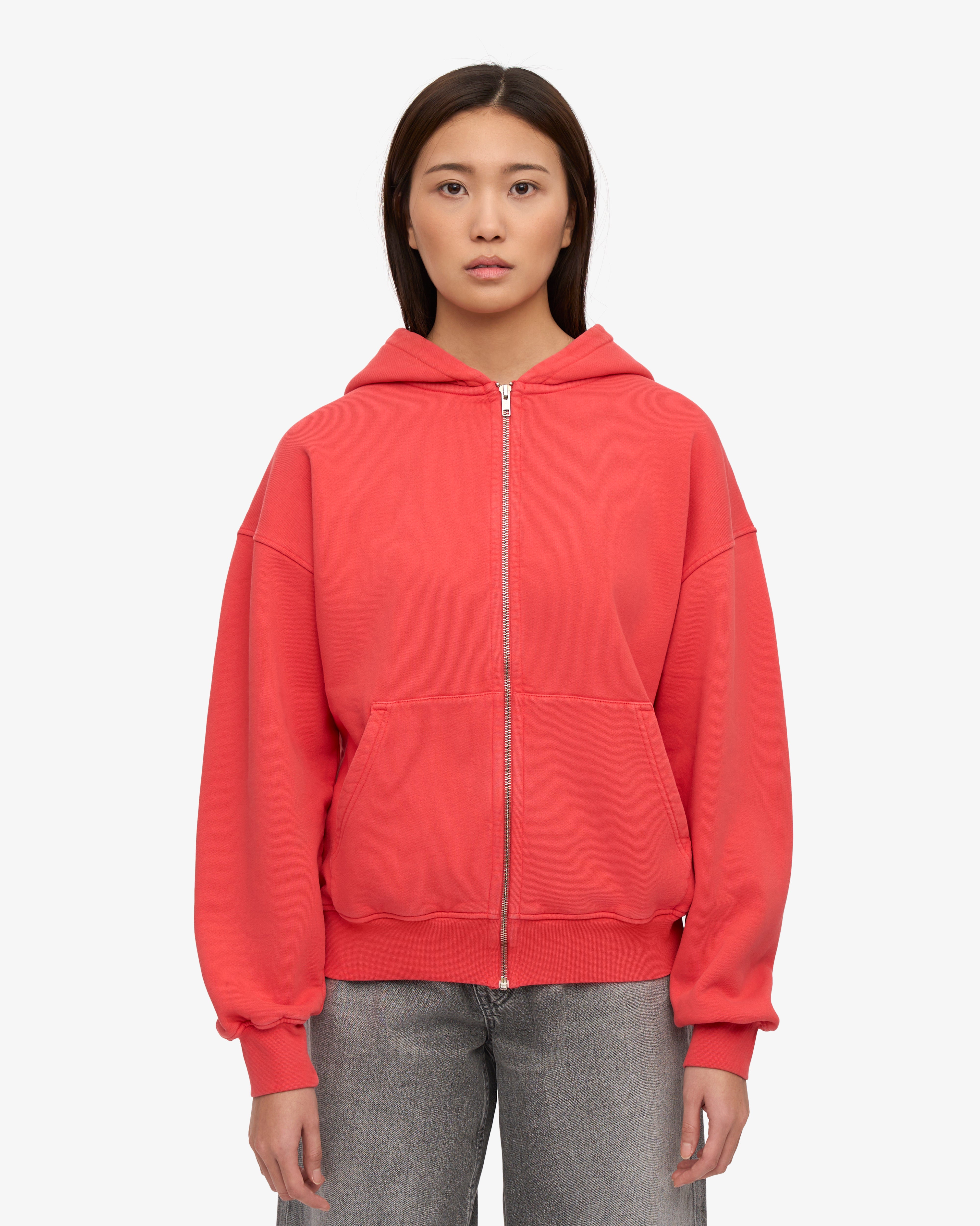 Organic Oversized Zip Hood - Red Tangerine