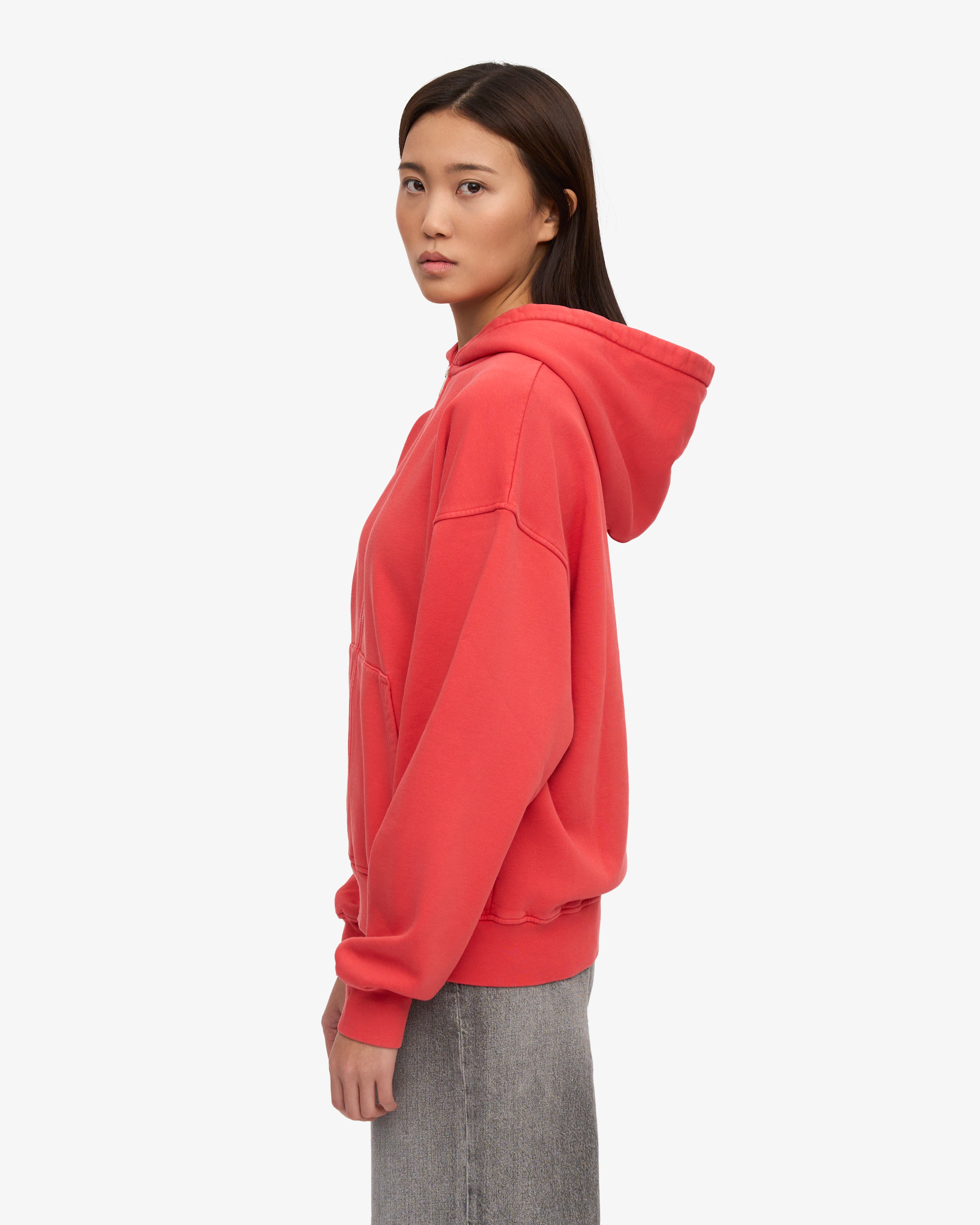 Organic Oversized Zip Hood - Red Tangerine