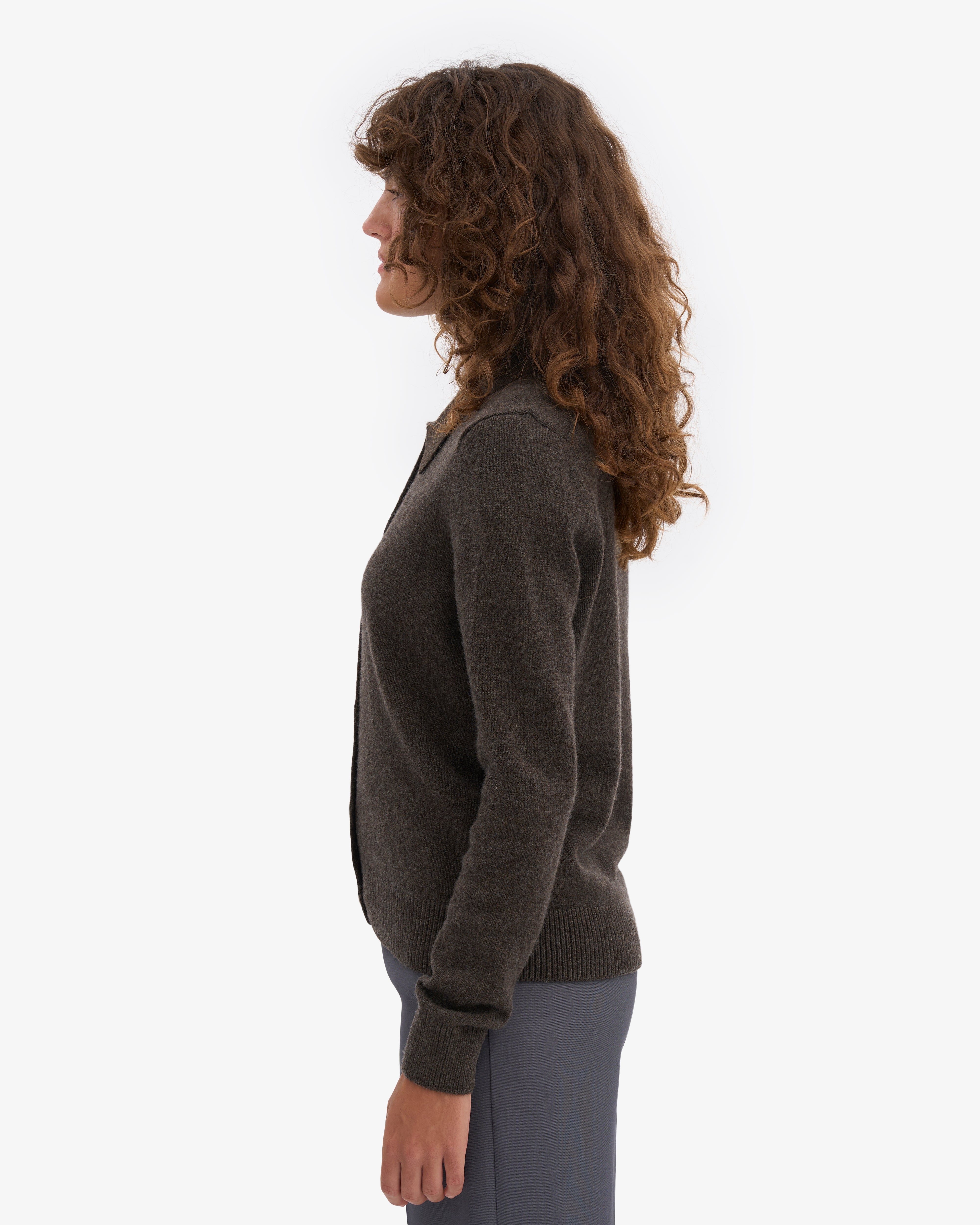 Women Merino Wool Collar Cardigan - Coffee Brown