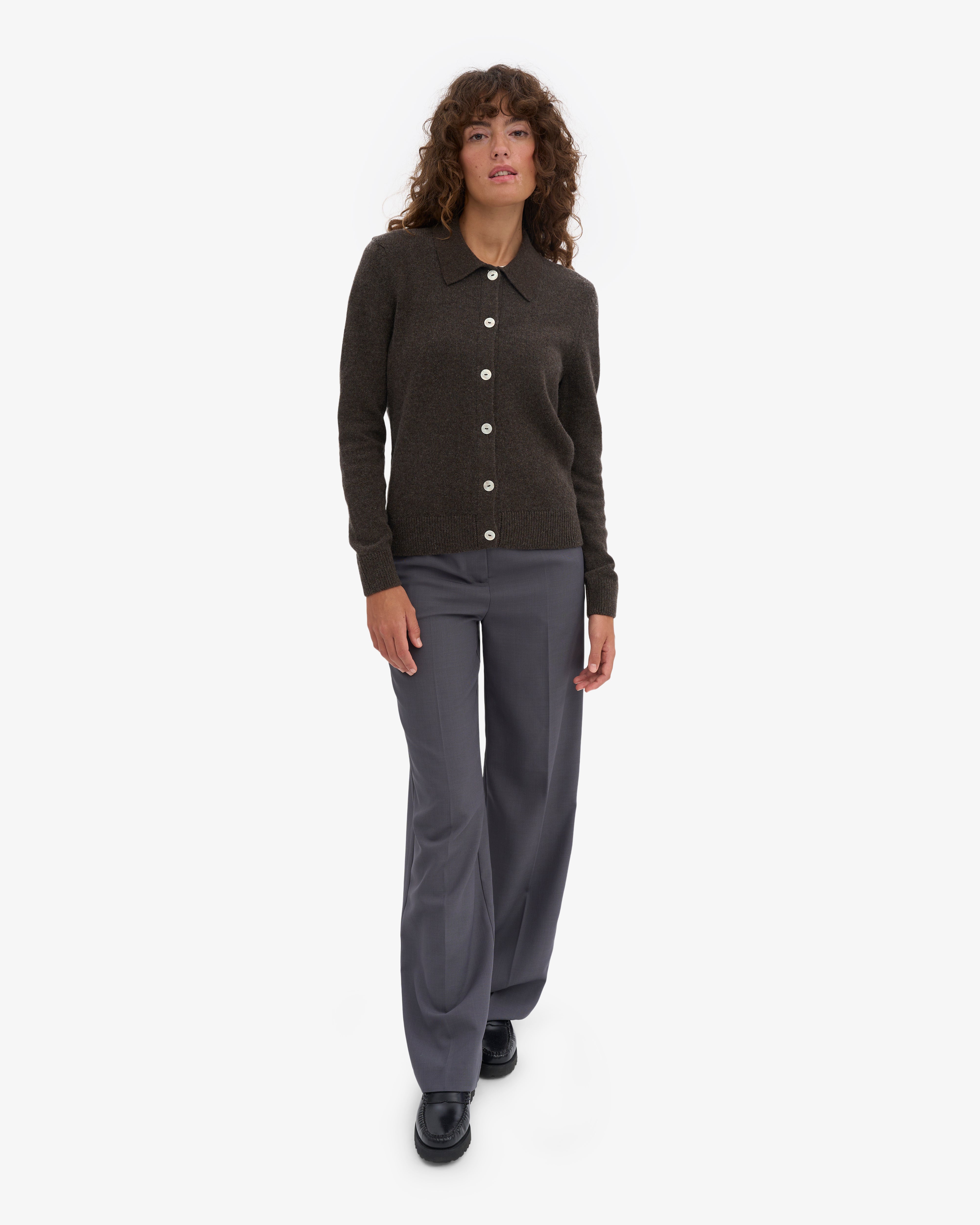 Women Merino Wool Collar Cardigan - Coffee Brown