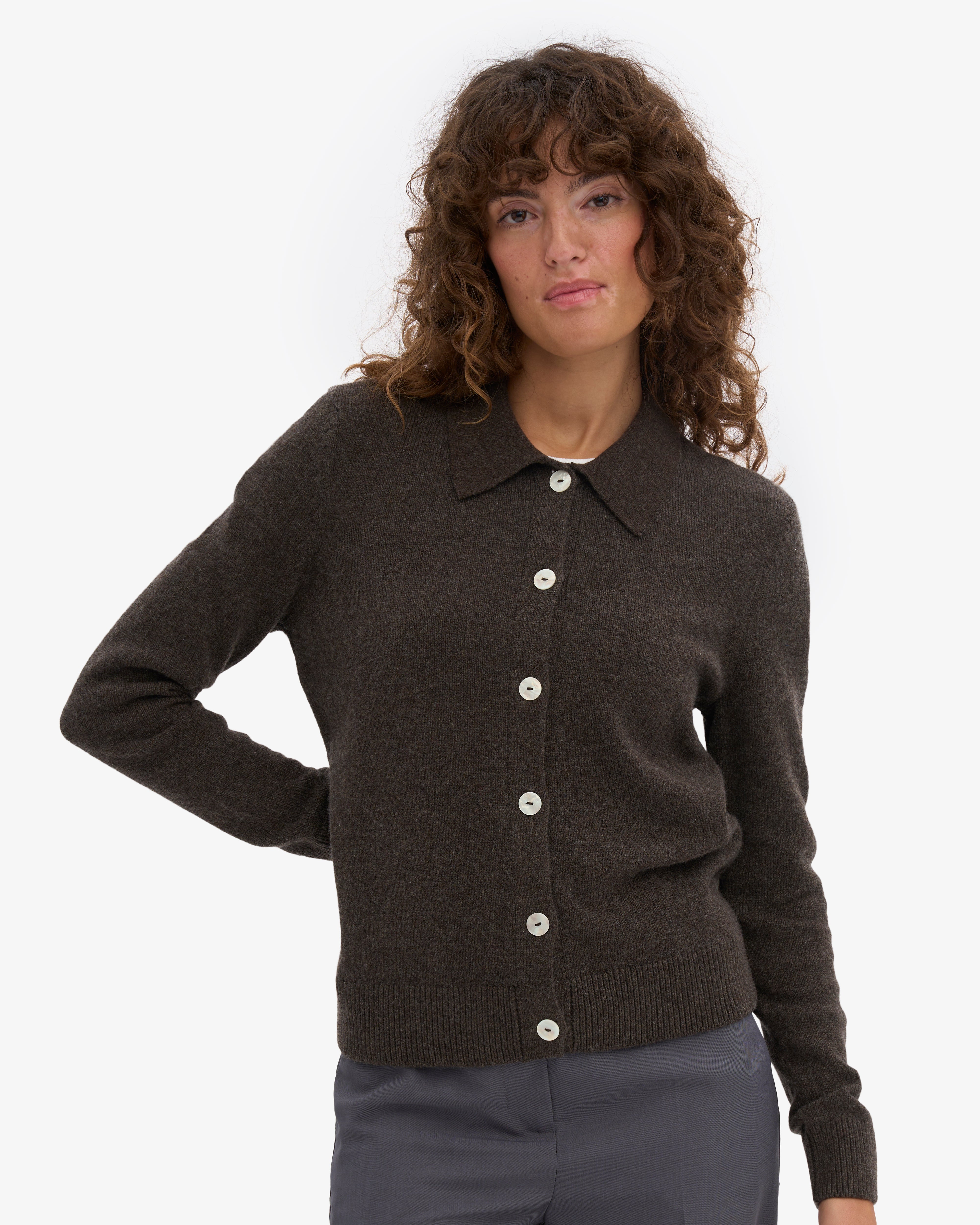 Women Merino Wool Collar Cardigan - Coffee Brown