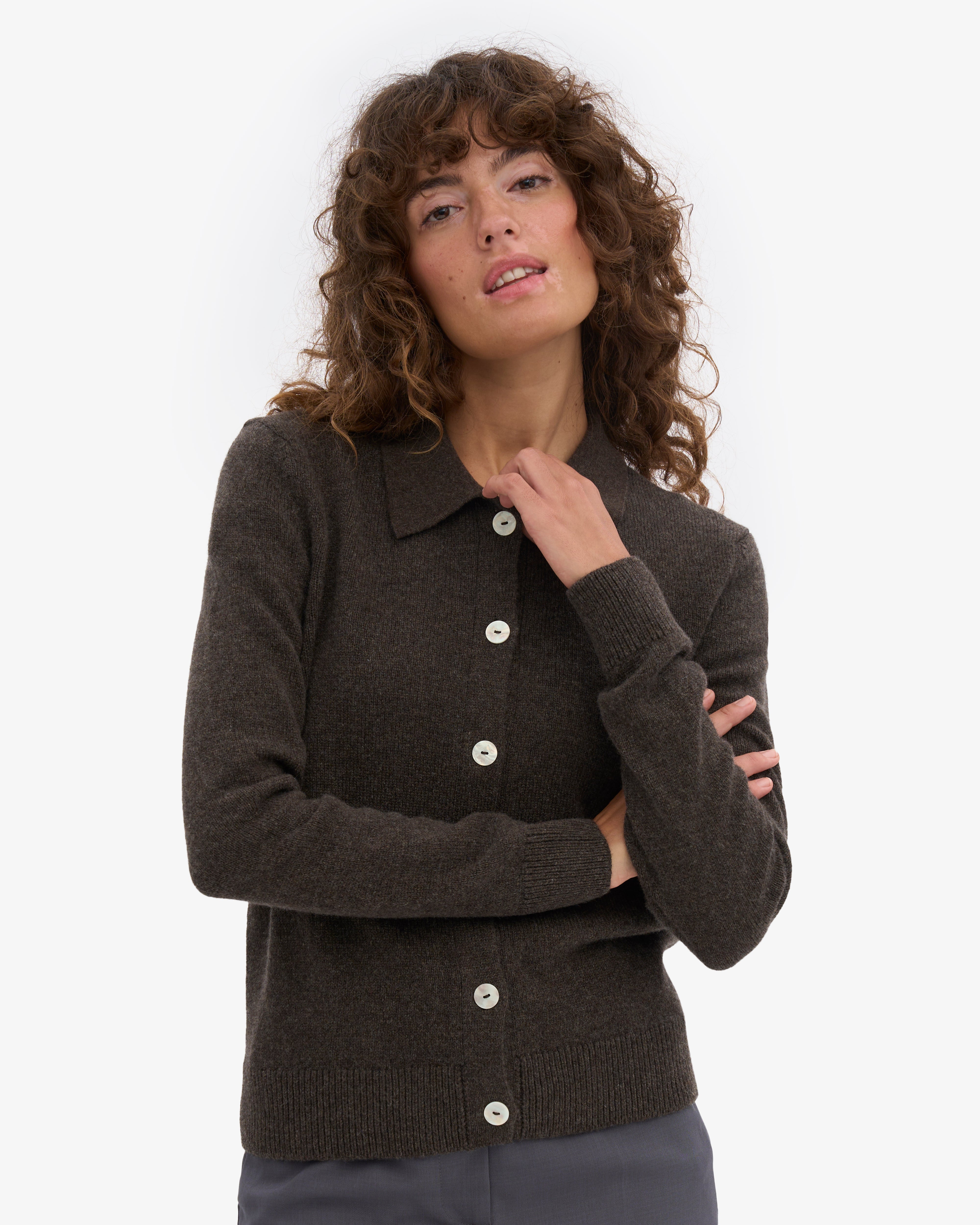 Women Merino Wool Collar Cardigan - Coffee Brown