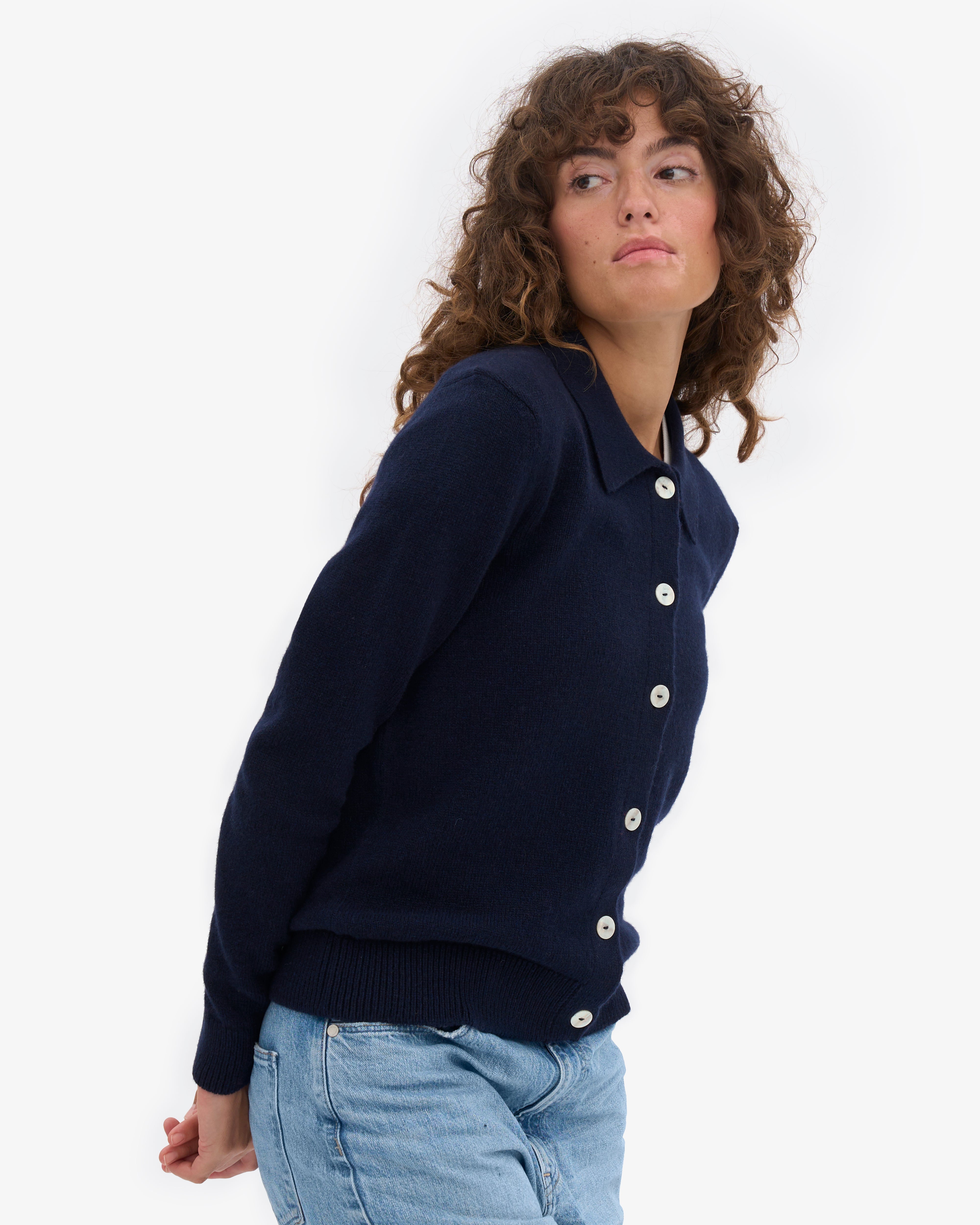 Women Merino Wool Collar Cardigan - Navy Blue