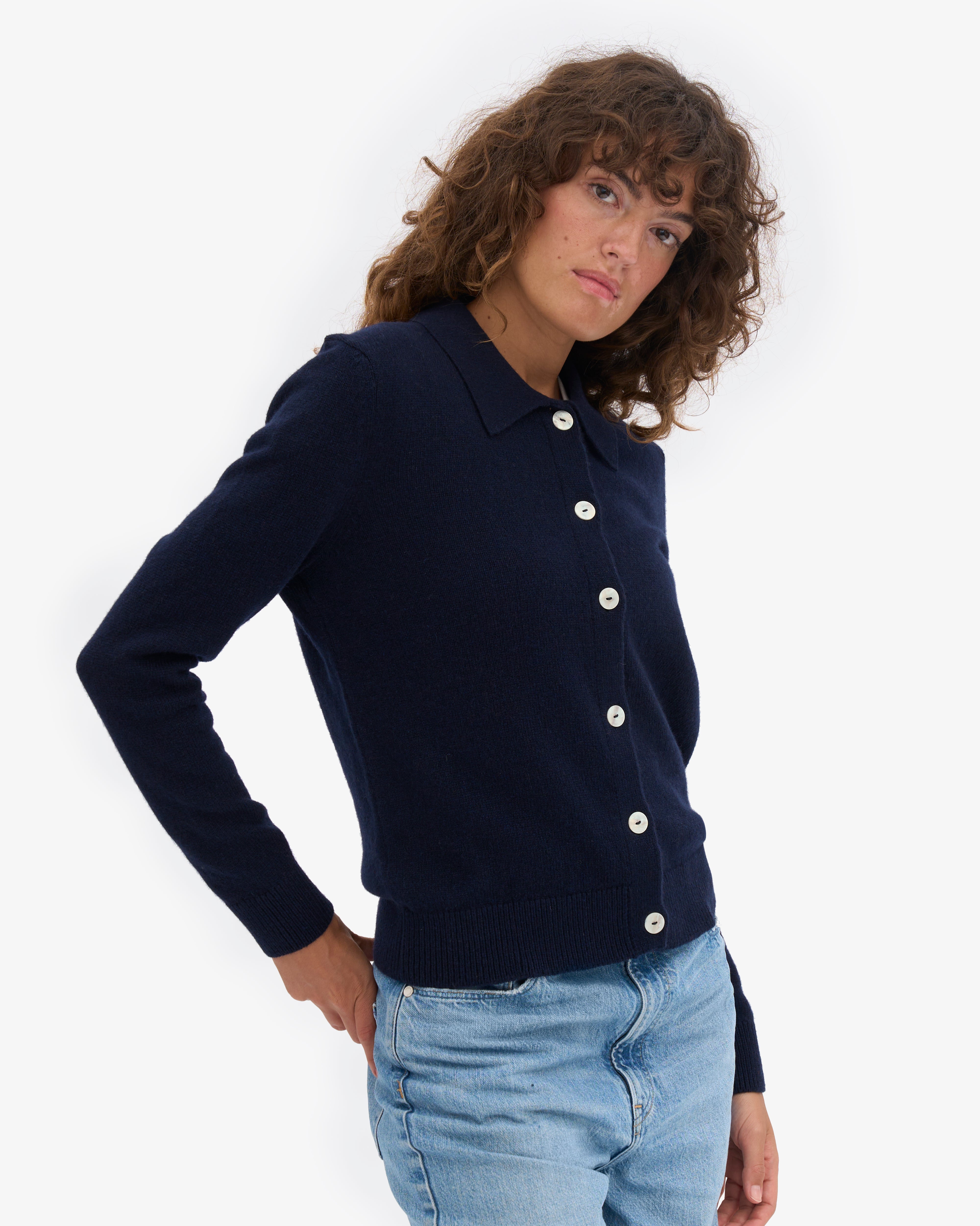 Women Merino Wool Collar Cardigan - Navy Blue