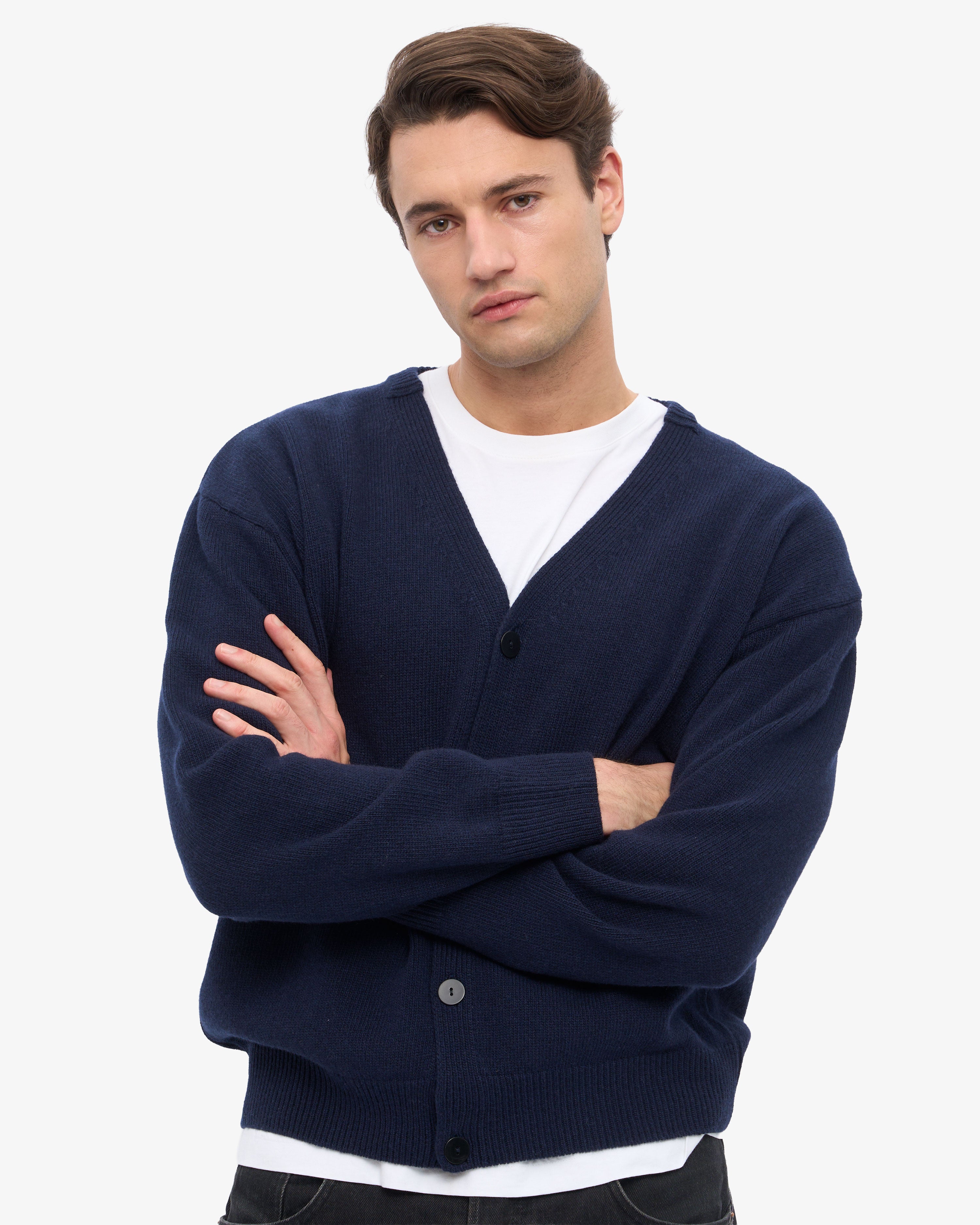 Merino Wool V-Neck Cardigan - Navy Blue