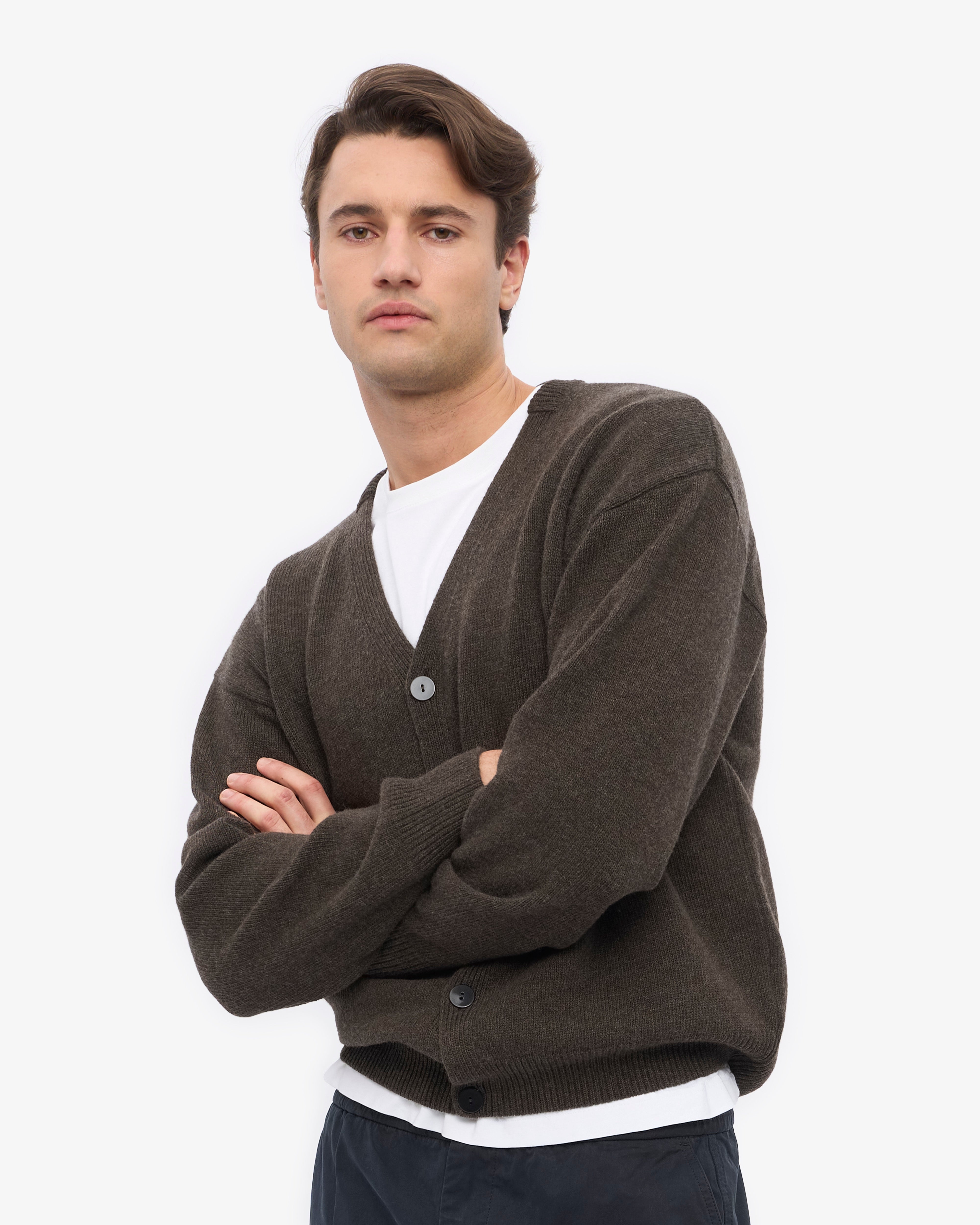 Merino Wool V-Neck Cardigan - Coffee Brown
