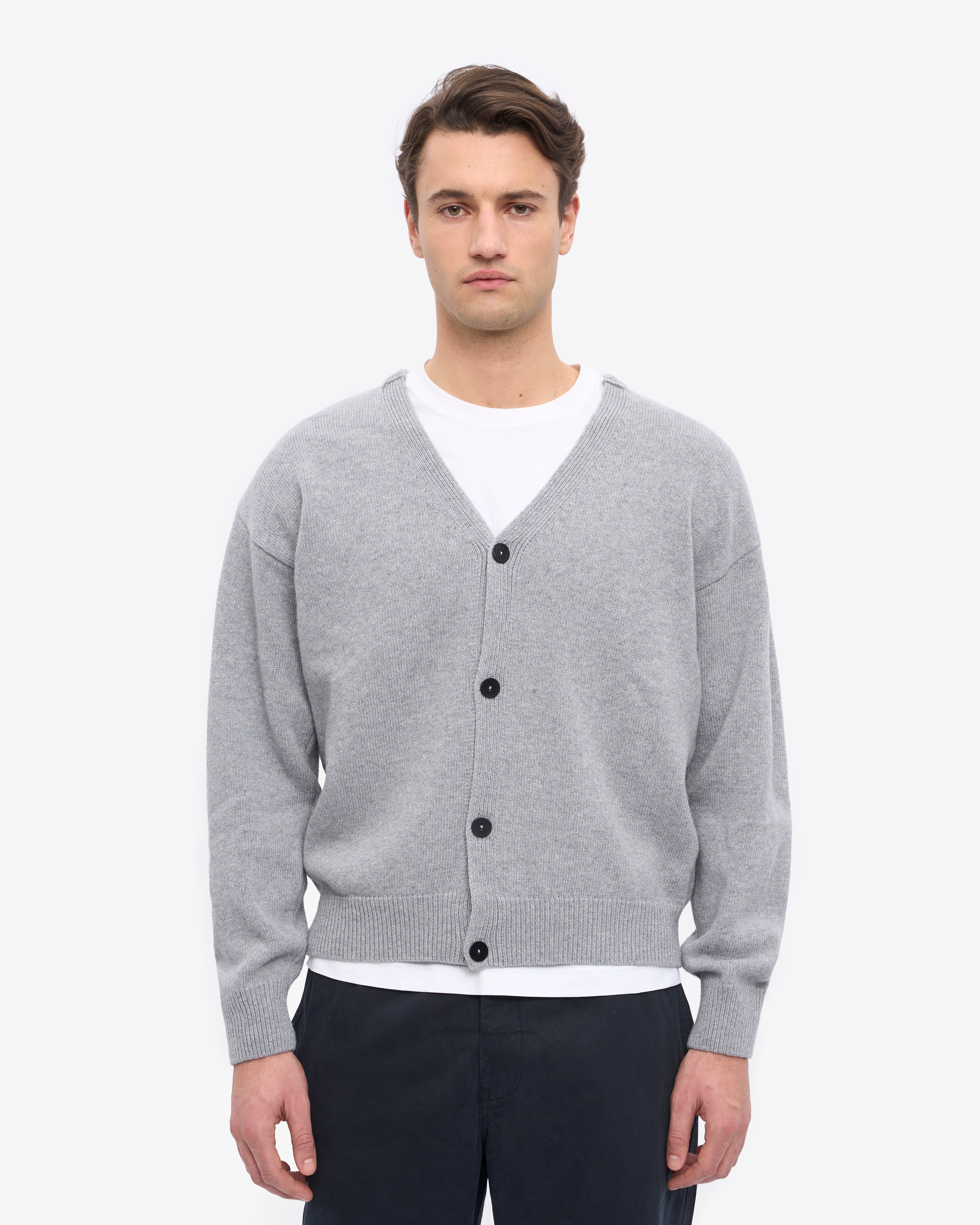 Merino Wool V-Neck Cardigan - Heather Grey