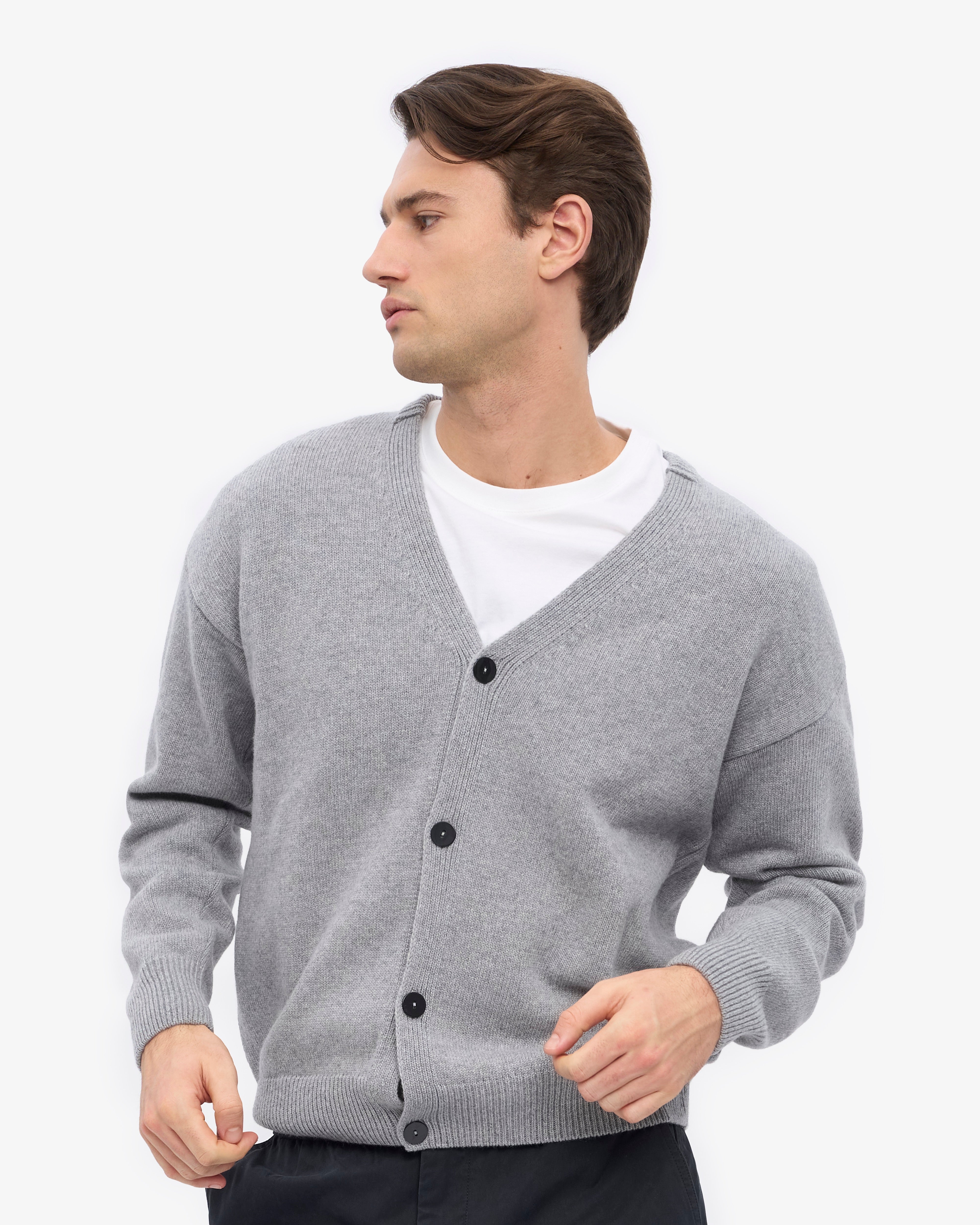 Merino Wool V-Neck Cardigan - Heather Grey