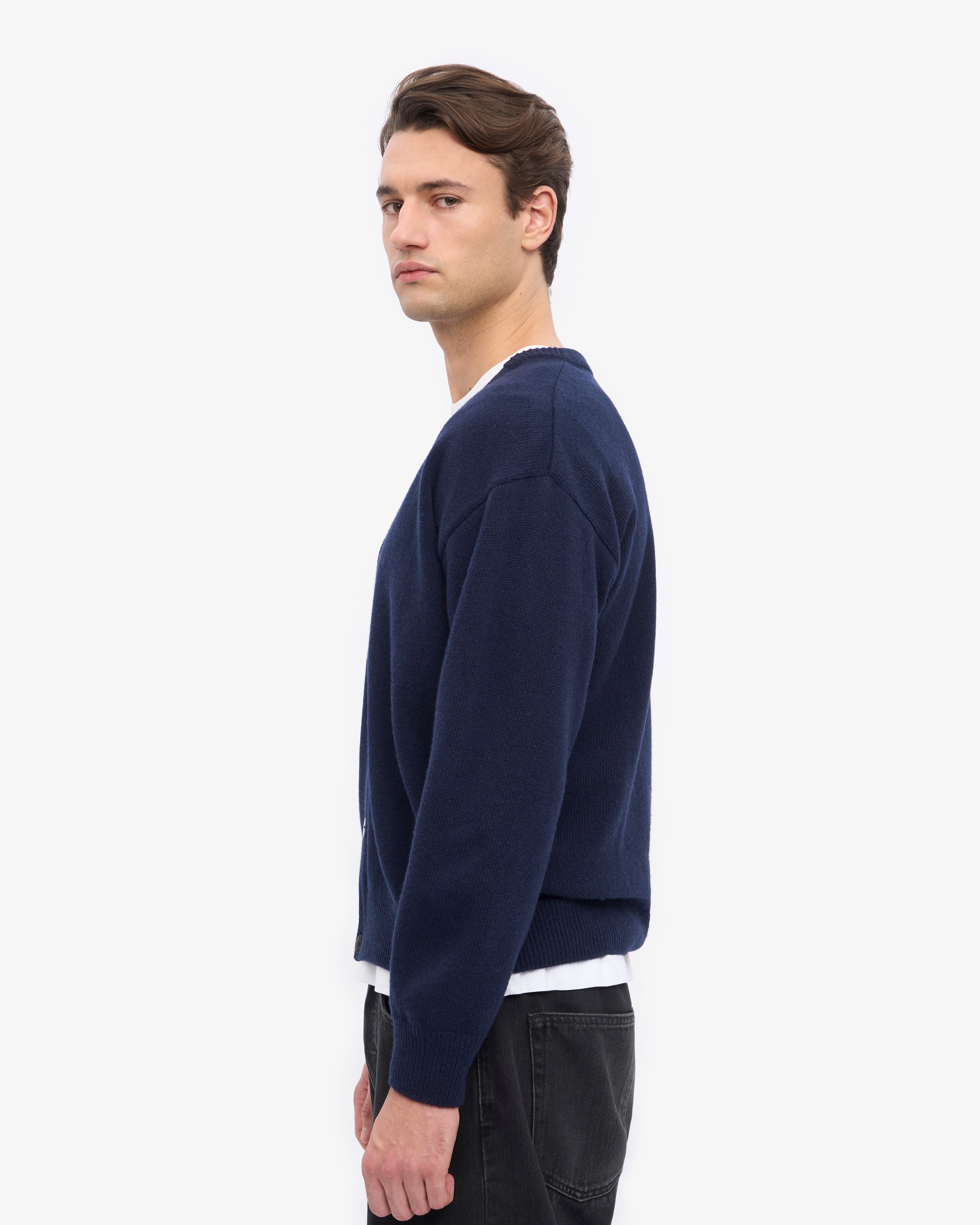 Merino Wool V-Neck Cardigan - Navy Blue