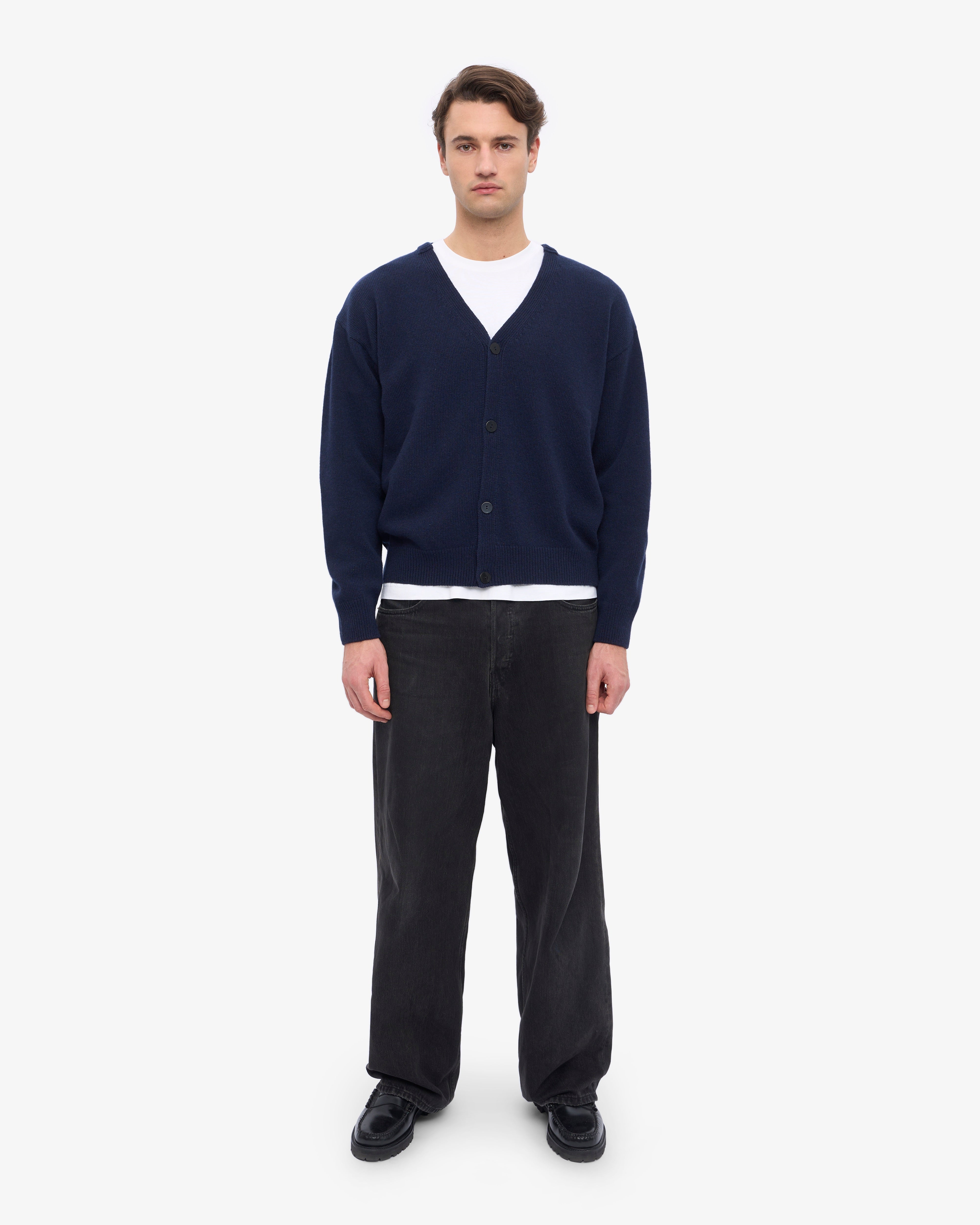 Merino Wool V-Neck Cardigan - Navy Blue