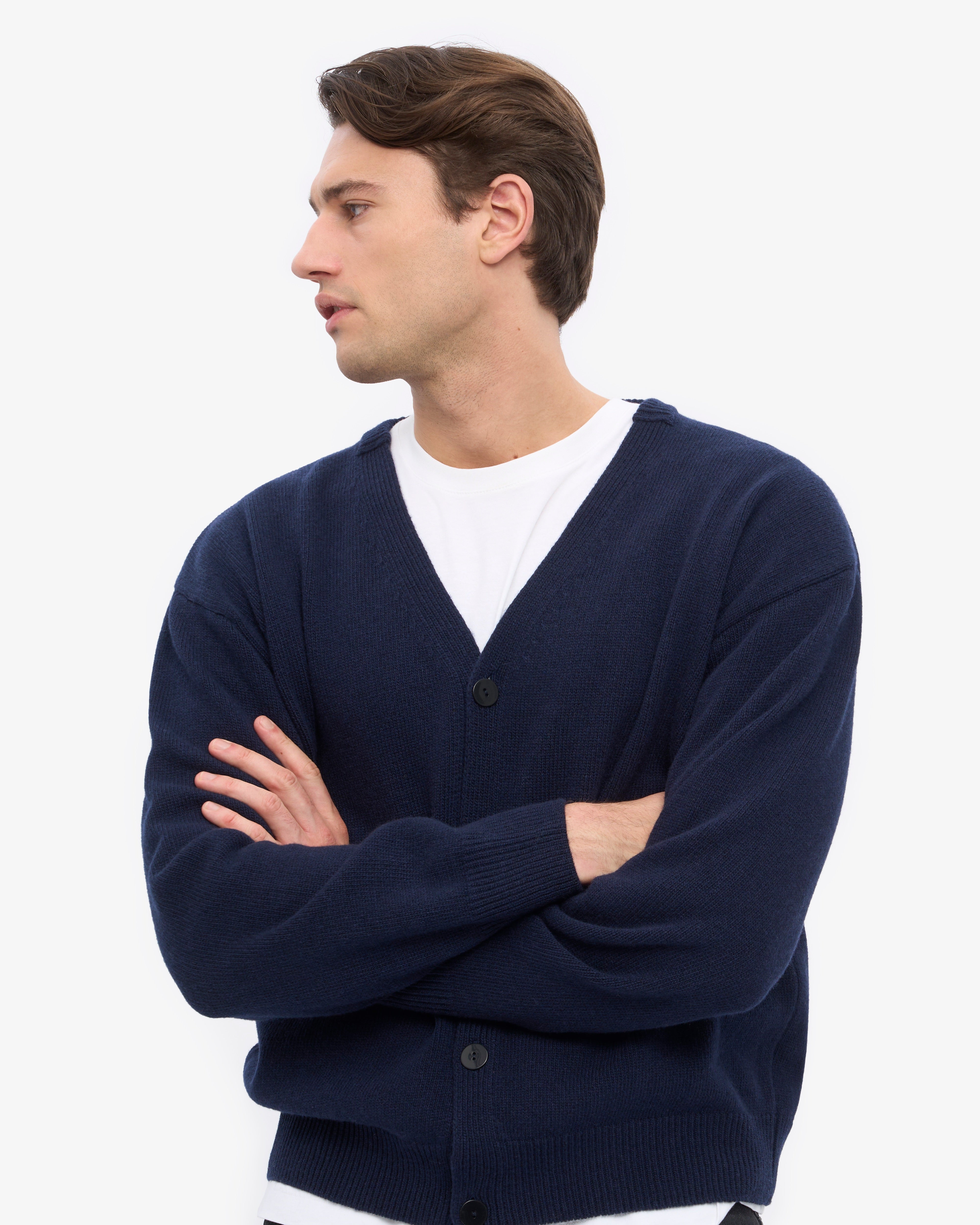 Merino Wool V-Neck Cardigan - Navy Blue