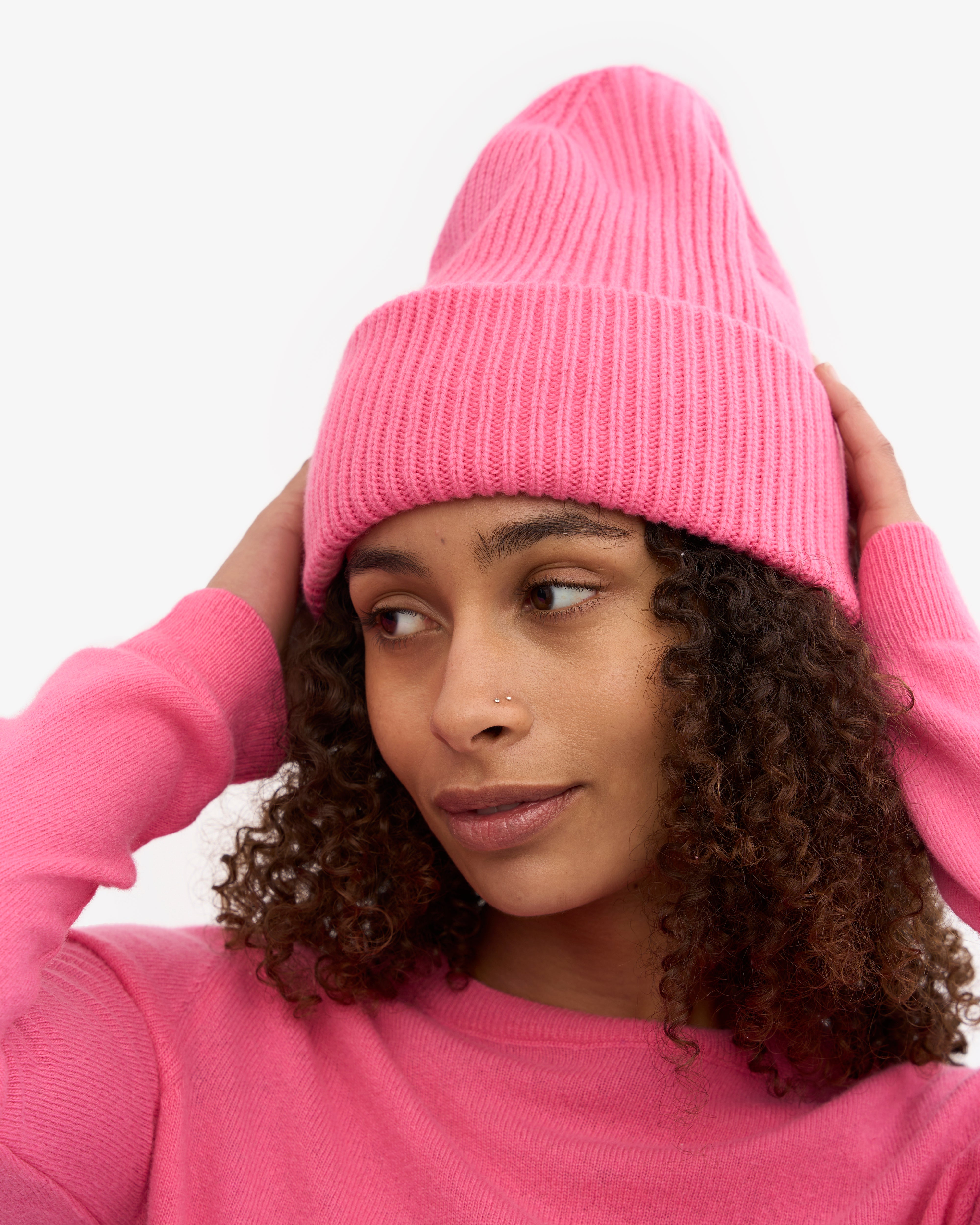 Brim Pink Stocking Cap Knit Hat With Alpaca - Main Image