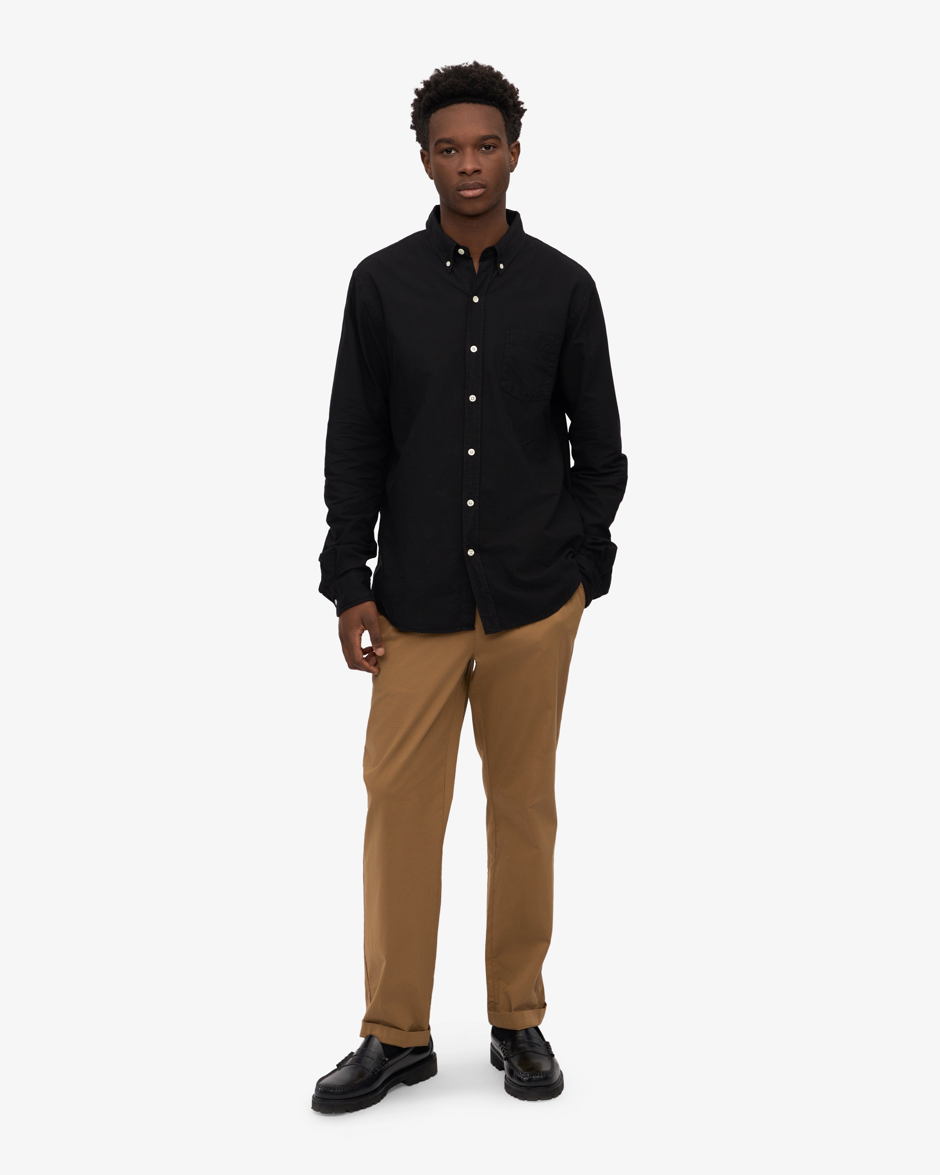 black dress shirt with tan pants Colorful Standard Organic Button Down Shirt - Deep Black - XS